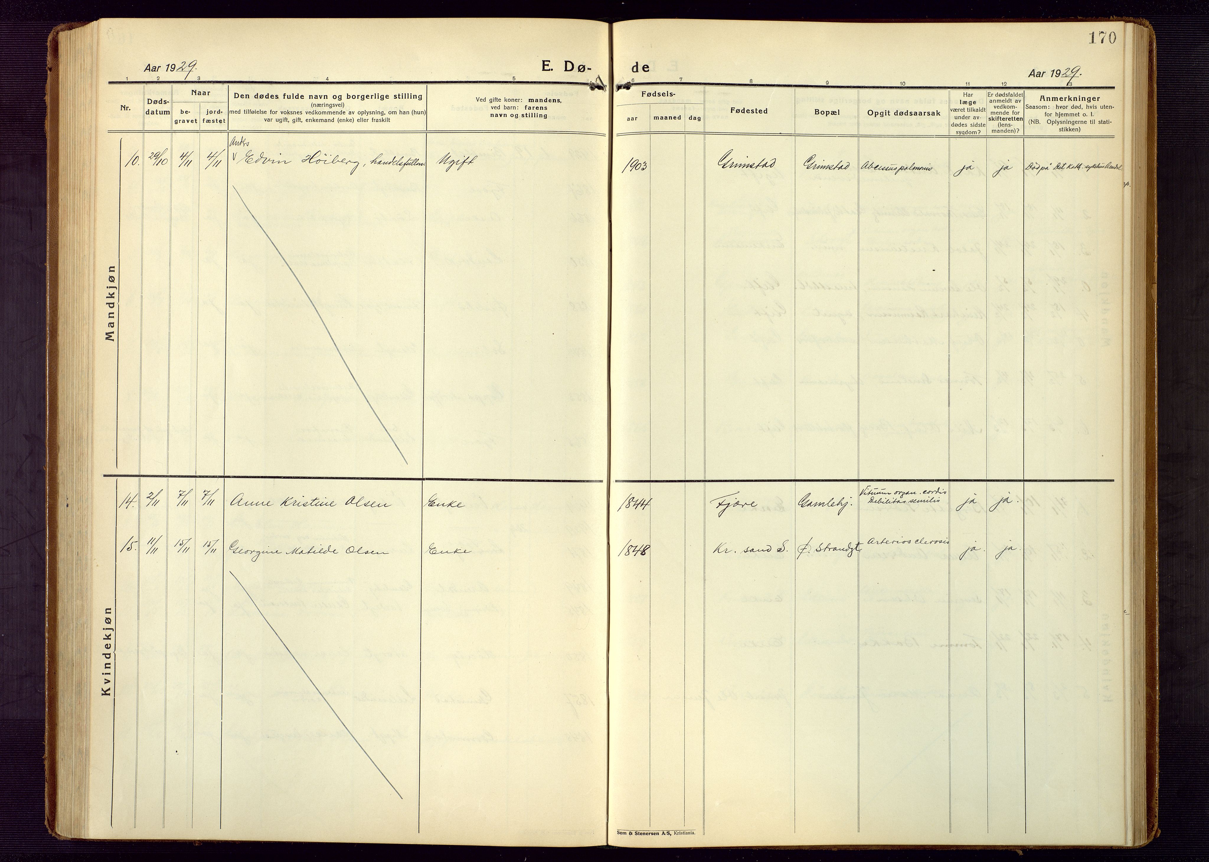 Grimstad sokneprestkontor, AV/SAK-1111-0017/F/Fb/L0002: Parish register (copy) no. B 2, 1923-1949, p. 170