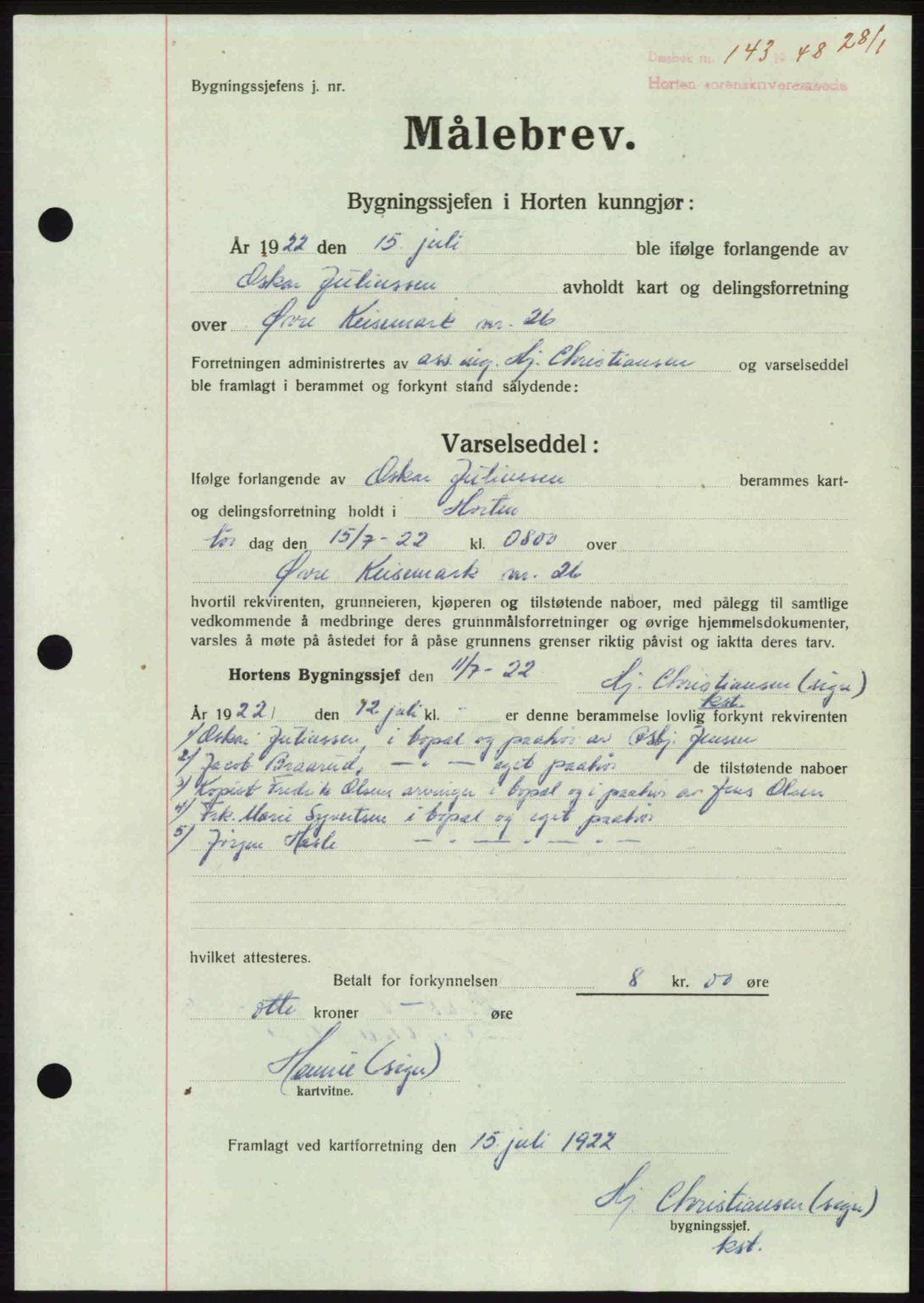 Horten sorenskriveri, AV/SAKO-A-133/G/Ga/Gaa/L0010: Mortgage book no. A-10, 1947-1948, Diary no: : 143/1948