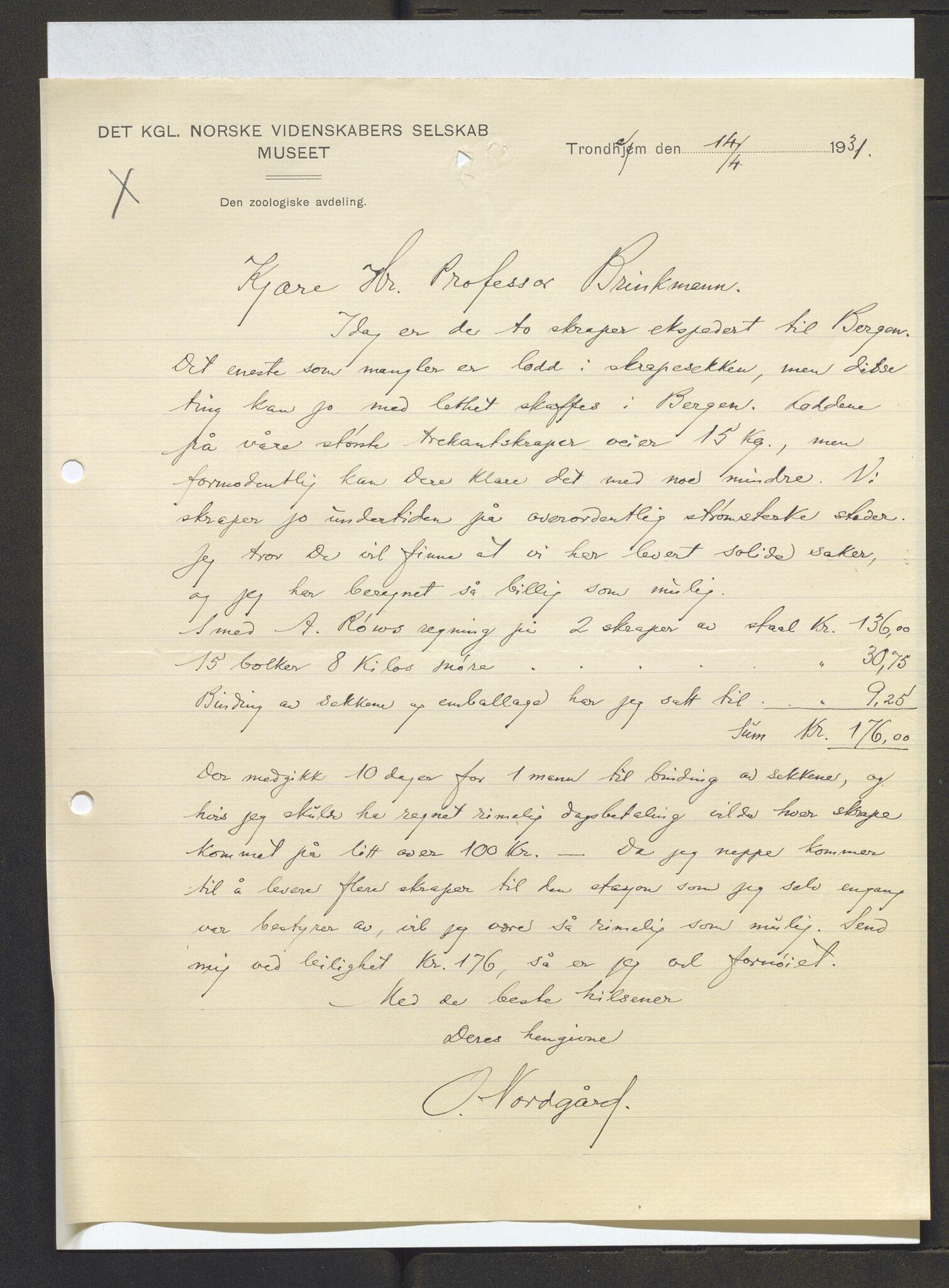 Bergens Museum, AV/SAB-A-17301/13/D/L0002: Korrespondanse , 1928-1940, p. 168