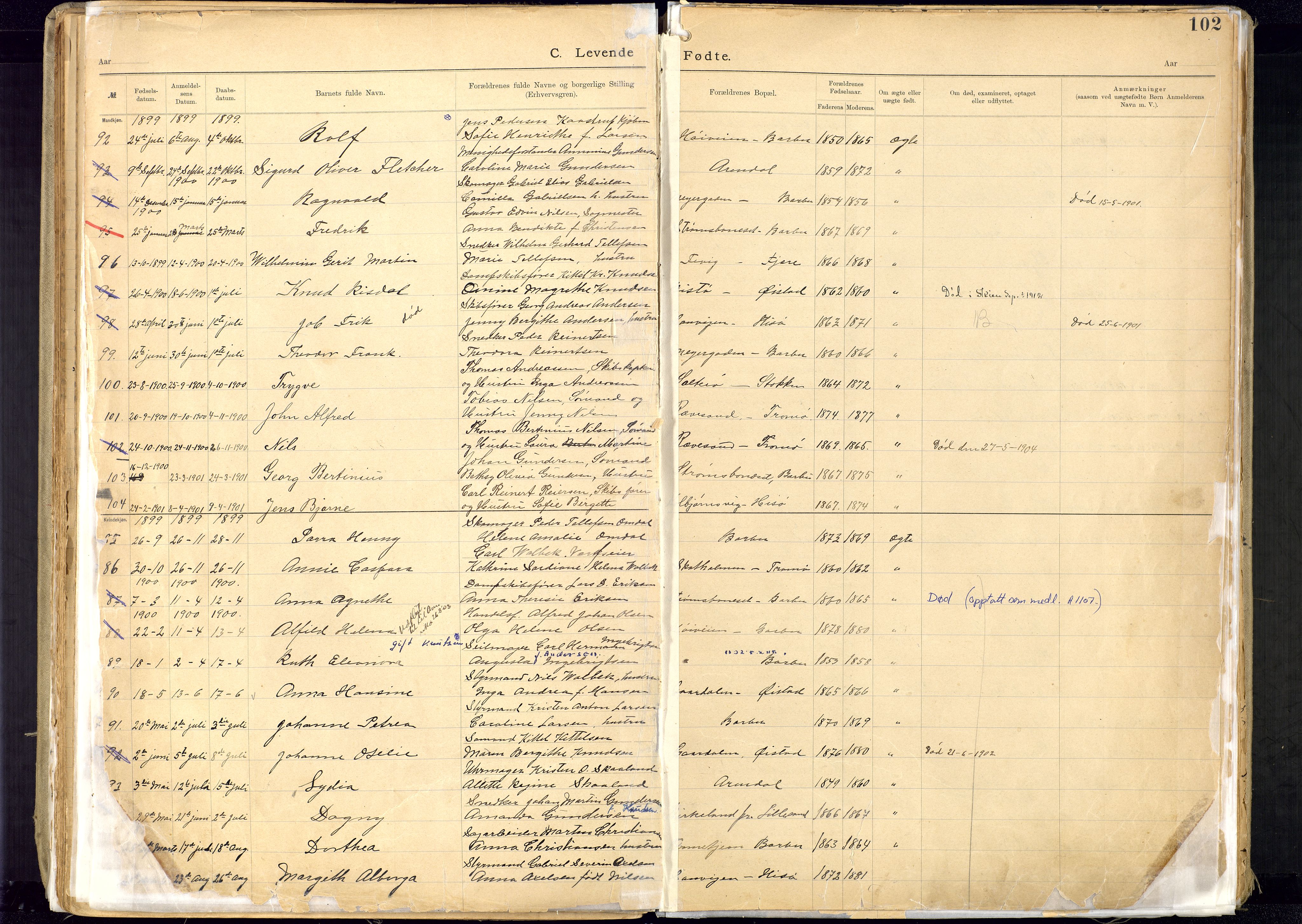 Metodistmenigheten, Arendal, SAK/1292-0011/F/Fa/L0005: Dissenter register no. 5, 1892-1942, p. 102