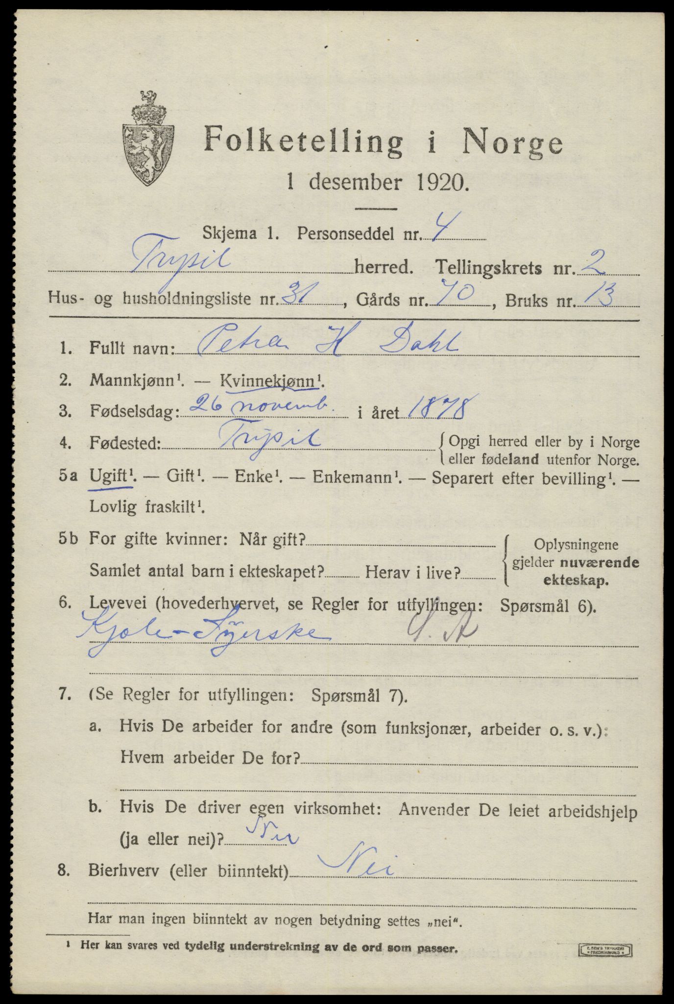 SAH, 1920 census for Trysil, 1920, p. 3467