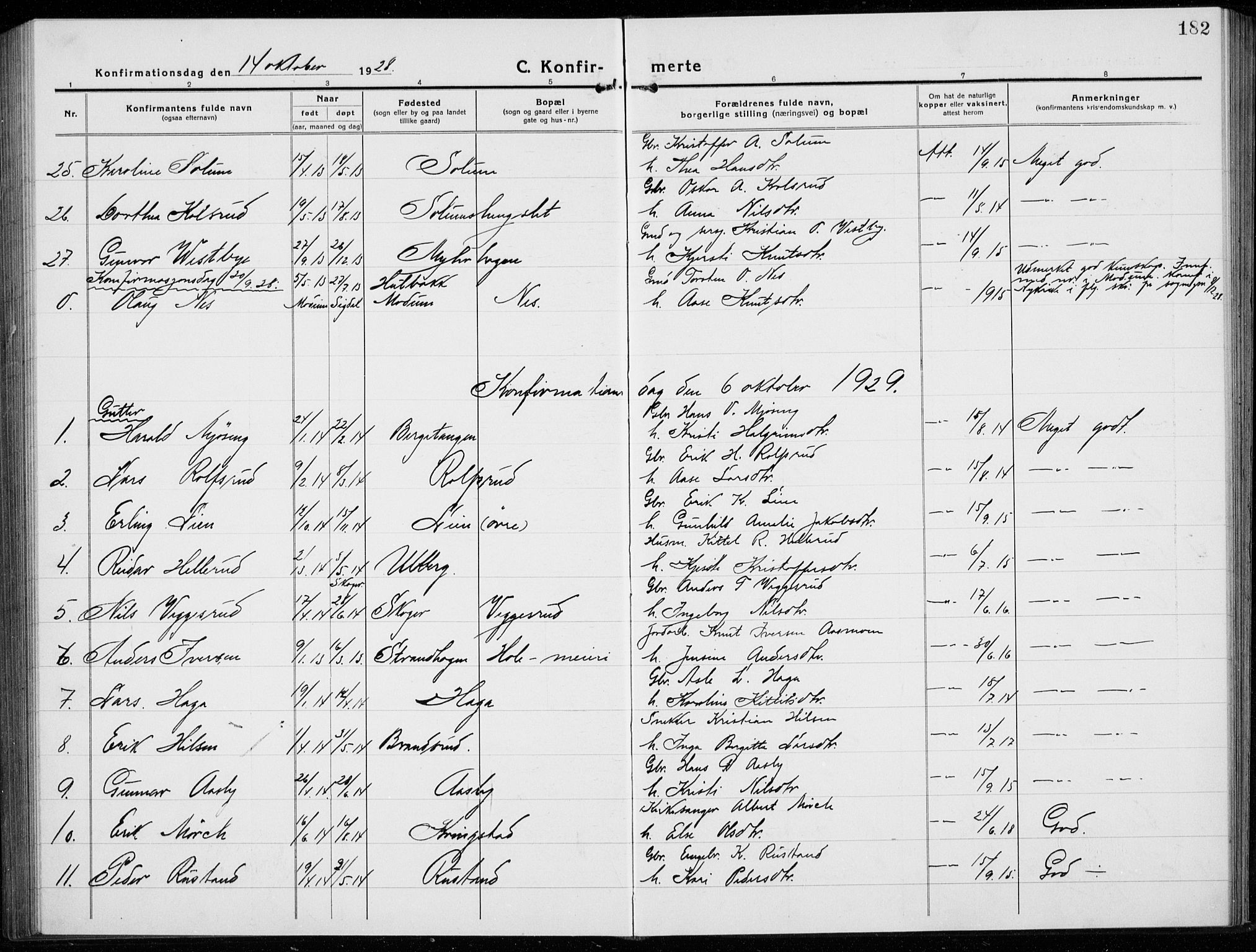 Sigdal kirkebøker, SAKO/A-245/G/Ga/L0007: Parish register (copy) no. I 7, 1917-1935, p. 182