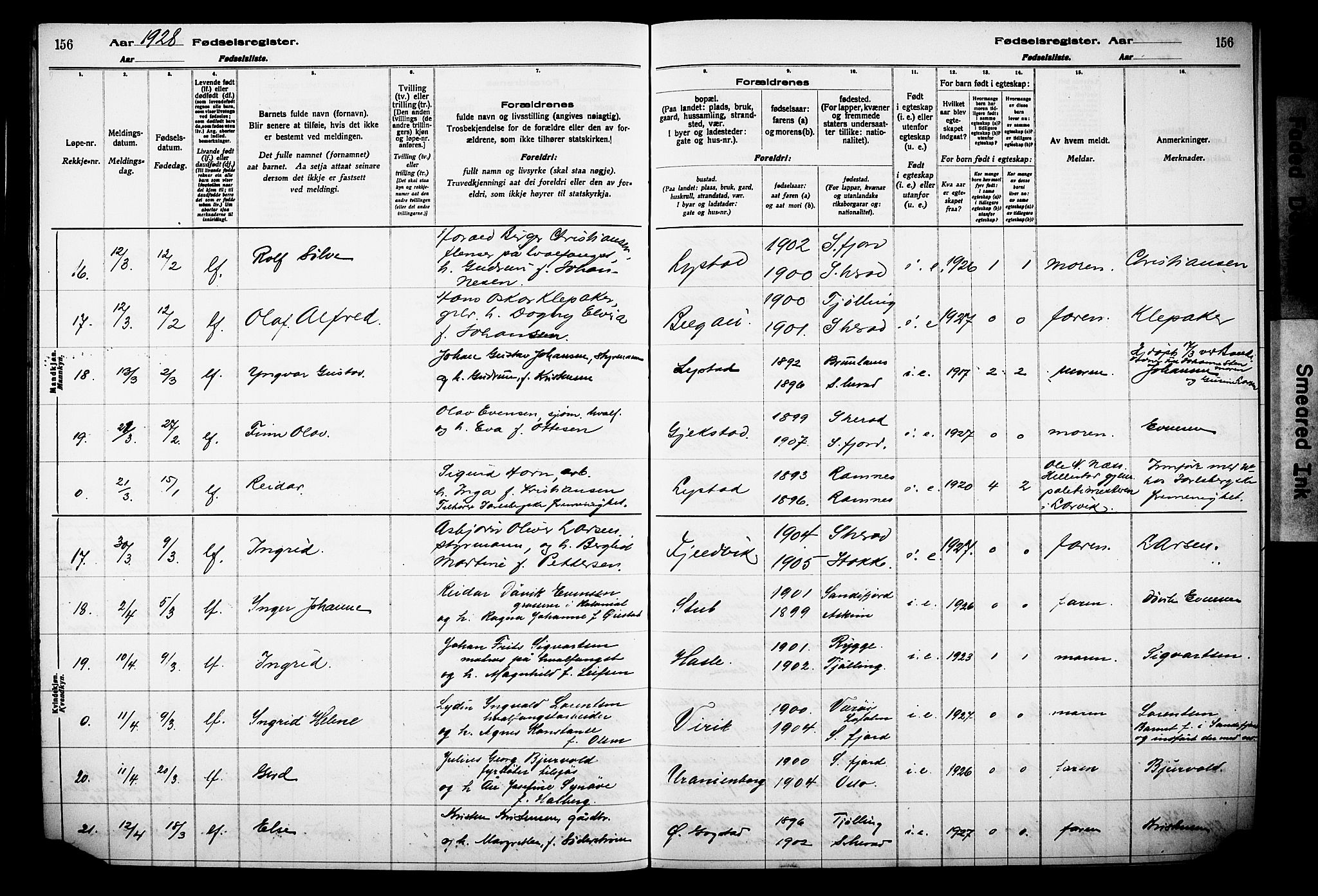 Sandar kirkebøker, AV/SAKO-A-243/J/Ja/L0002: Birth register no. 2, 1922-1929, p. 156