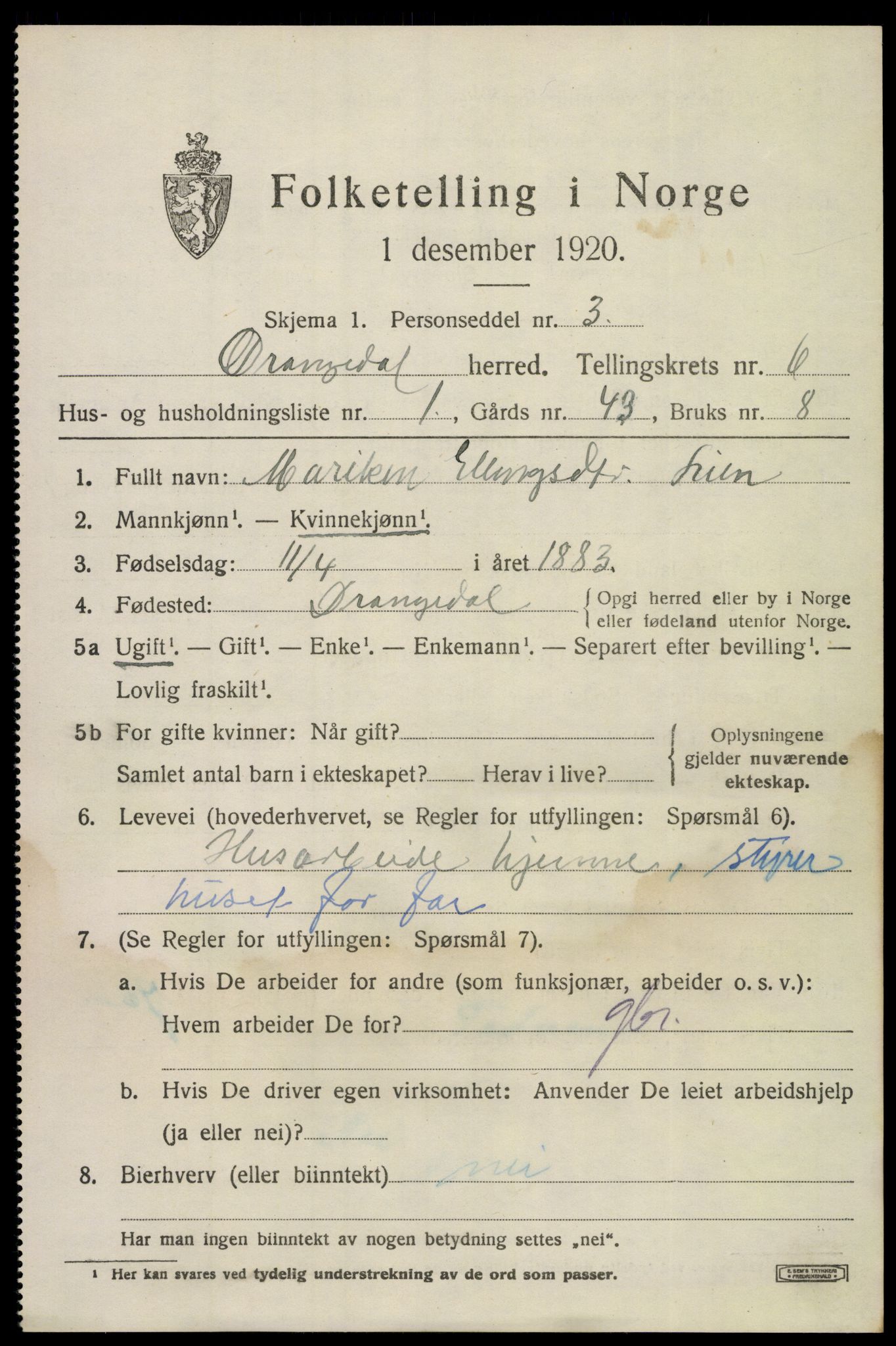 SAKO, 1920 census for Drangedal, 1920, p. 4233