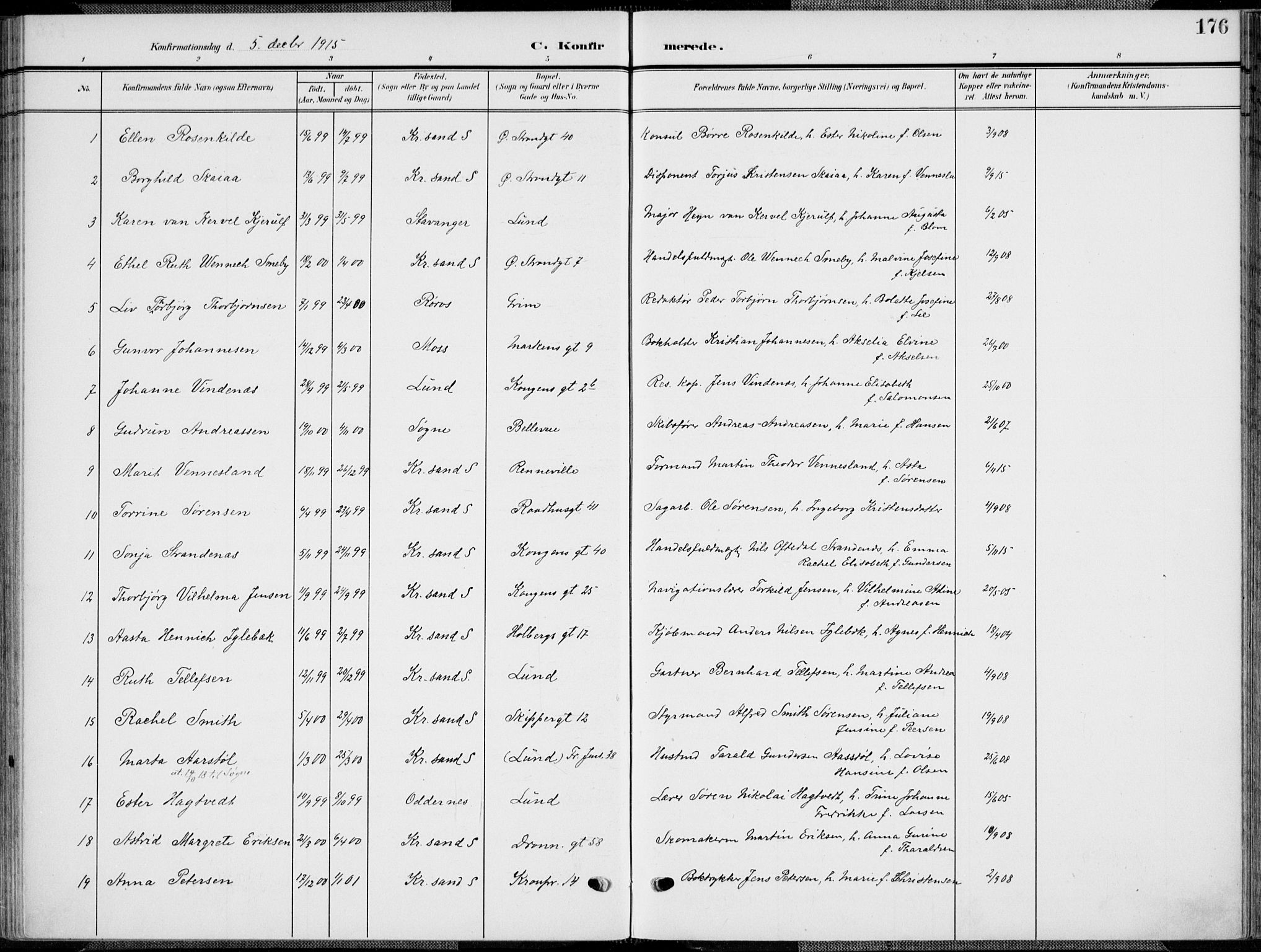 Kristiansand domprosti, SAK/1112-0006/F/Fa/L0022: Parish register (official) no. A 21, 1905-1916, p. 176
