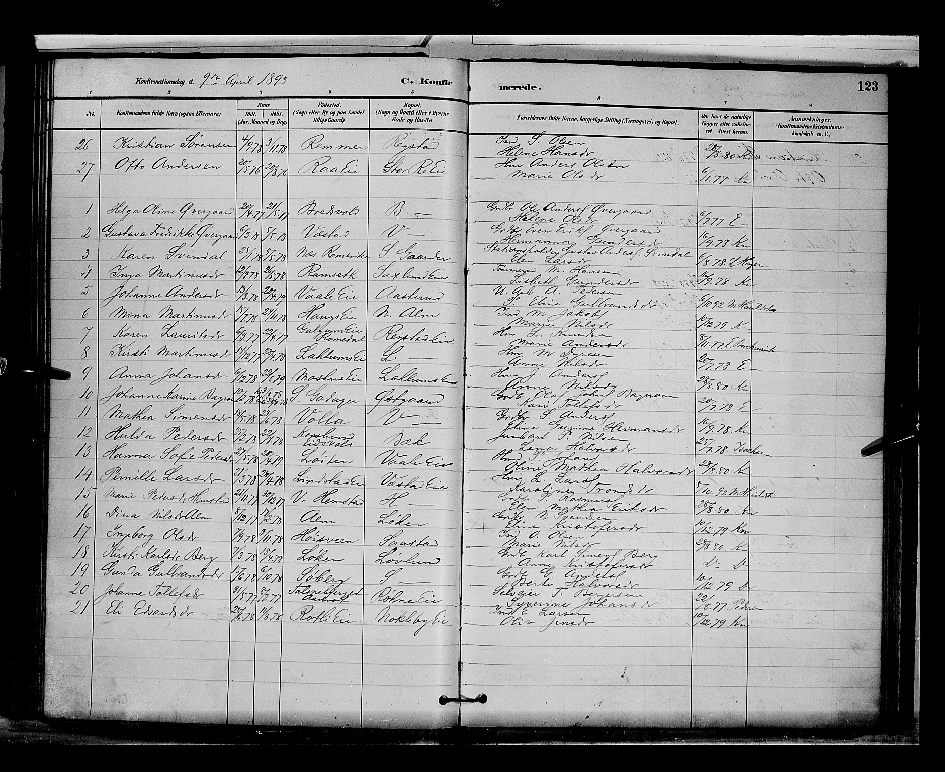 Stange prestekontor, AV/SAH-PREST-002/L/L0009: Parish register (copy) no. 9, 1883-1899, p. 123