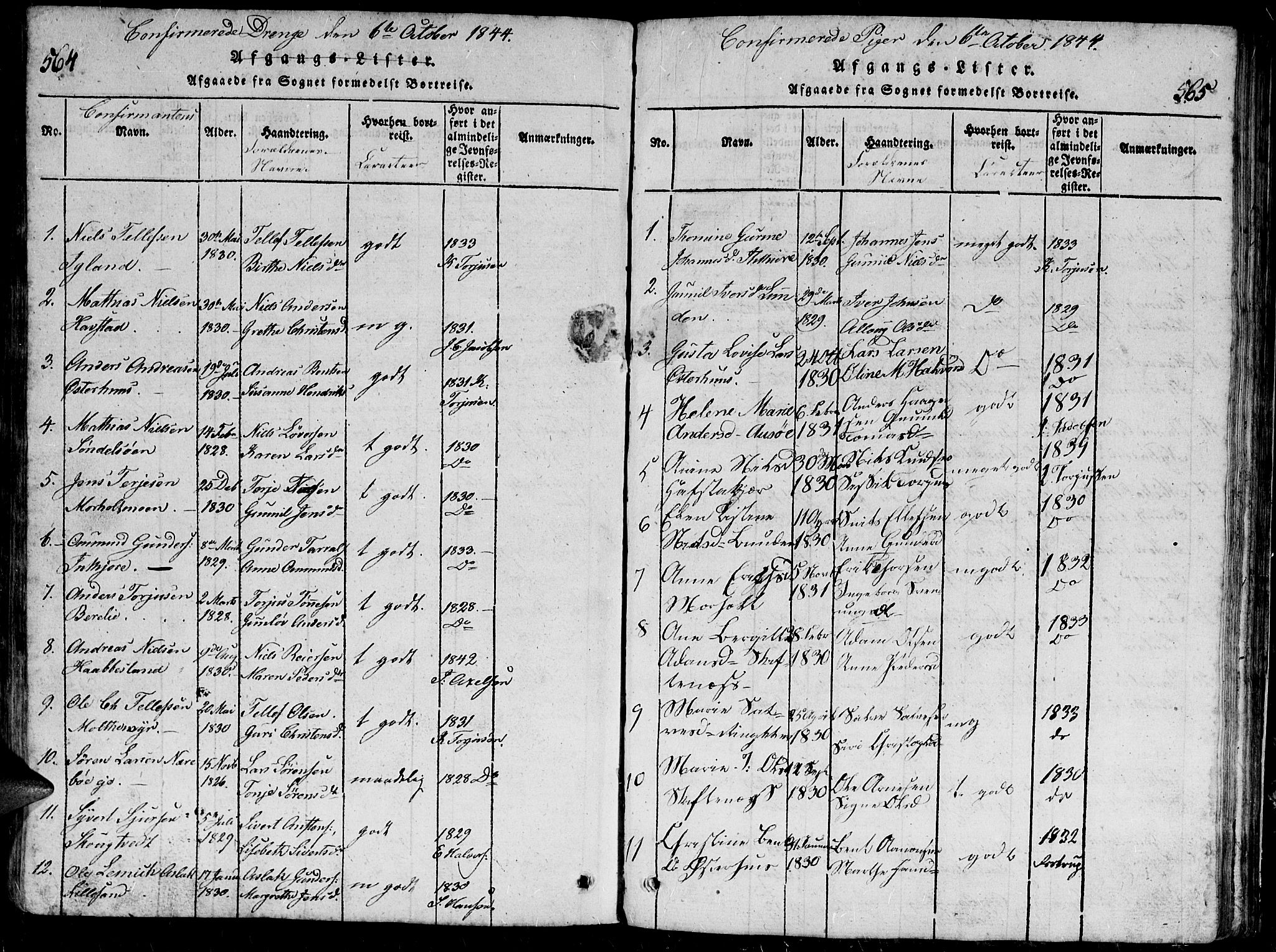 Hommedal sokneprestkontor, SAK/1111-0023/F/Fb/Fbb/L0003: Parish register (copy) no. B 3 /1, 1816-1850, p. 564-565