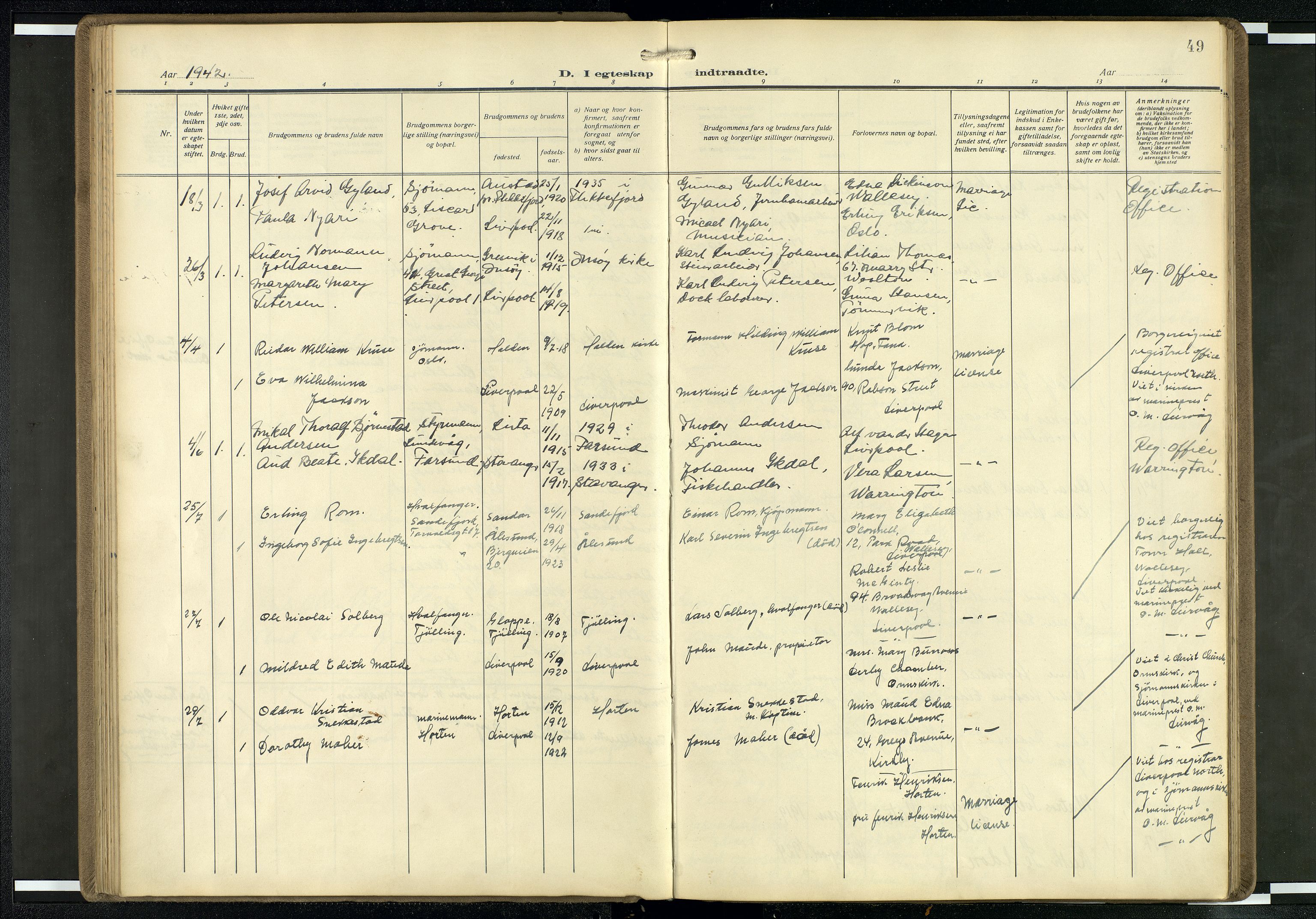 Den norske sjømannsmisjon i utlandet/Mersey-havnene (Liverpool), SAB/SAB/PA-0104/H/Ha/L0001: Parish register (official) no. A 1, 1919-1954, p. 48b-49a