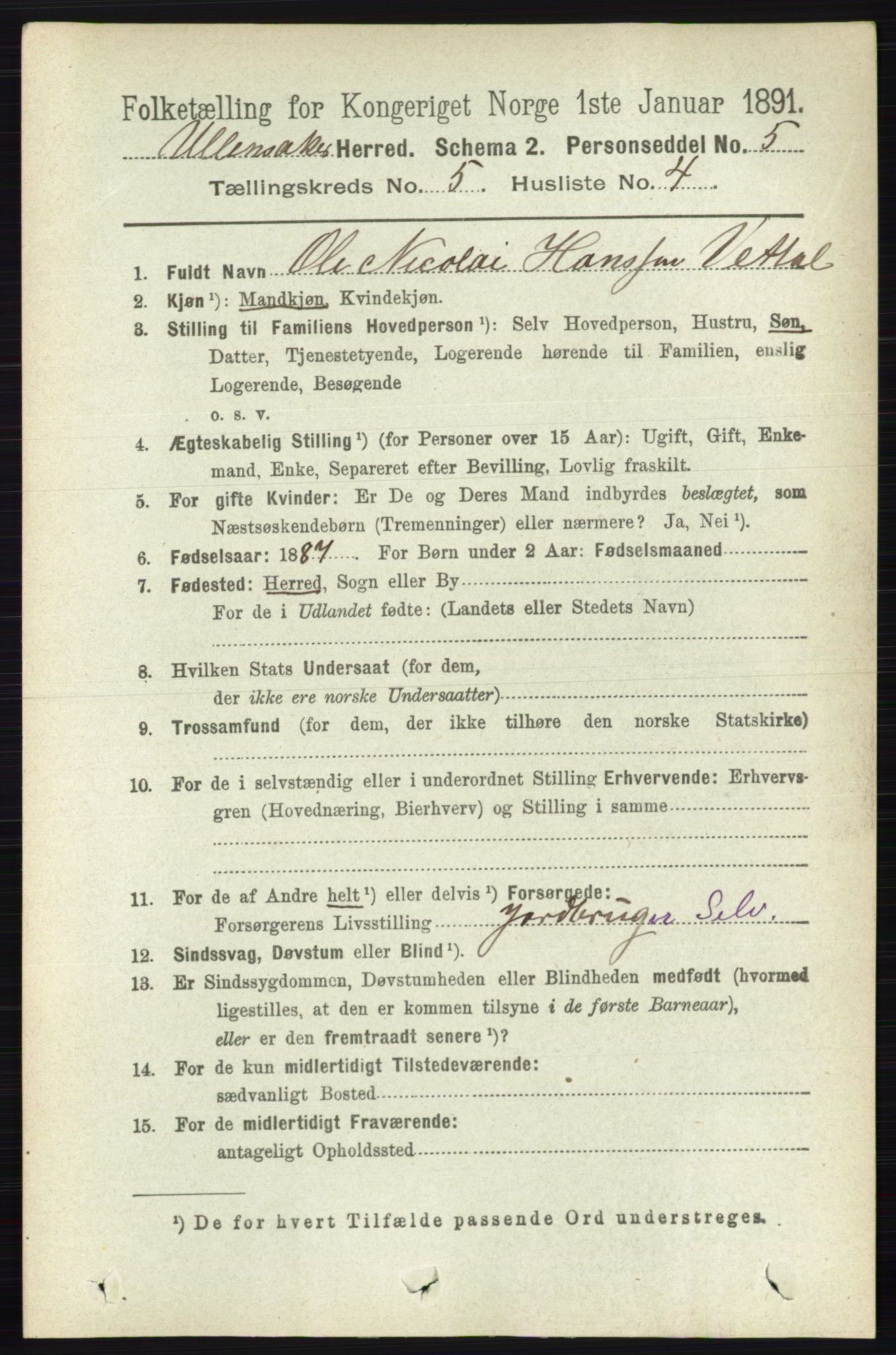 RA, 1891 census for 0235 Ullensaker, 1891, p. 2115