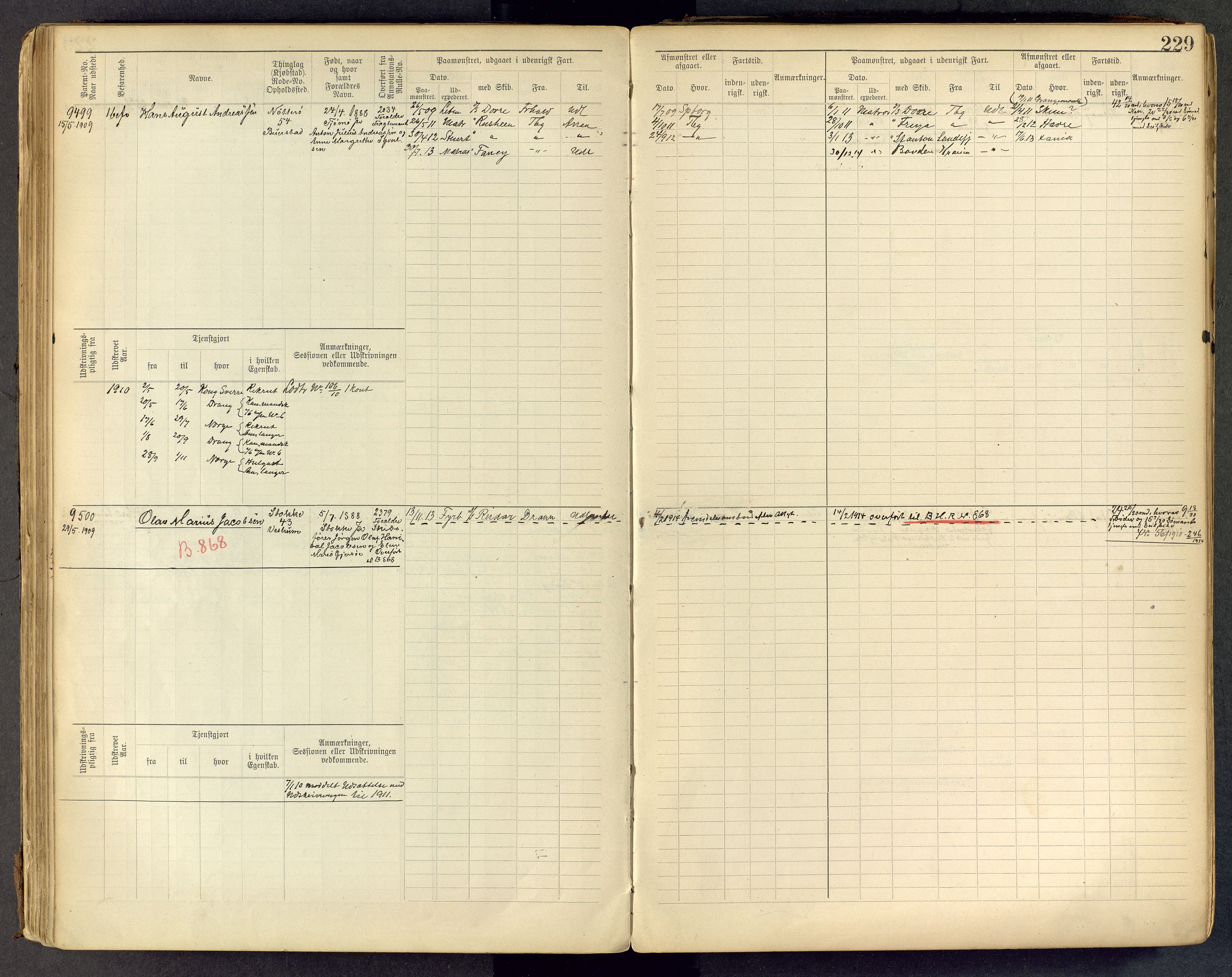 Tønsberg innrulleringskontor, AV/SAKO-A-786/F/Fc/Fcb/L0009: Hovedrulle Patent nr. 9043-9992, 1900-1921, p. 229