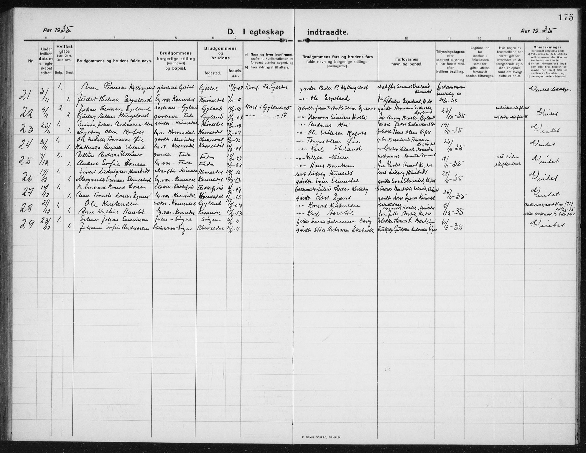 Kvinesdal sokneprestkontor, AV/SAK-1111-0026/F/Fb/Fbb/L0004: Parish register (copy) no. B 4, 1917-1938, p. 175