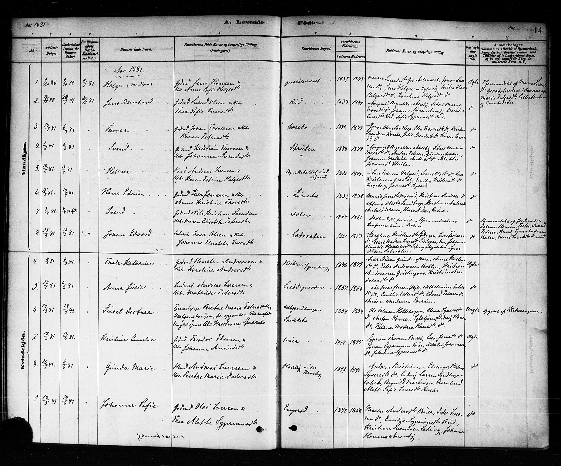 Aremark prestekontor Kirkebøker, AV/SAO-A-10899/F/Fb/L0004: Parish register (official) no. II 4, 1878-1895, p. 14