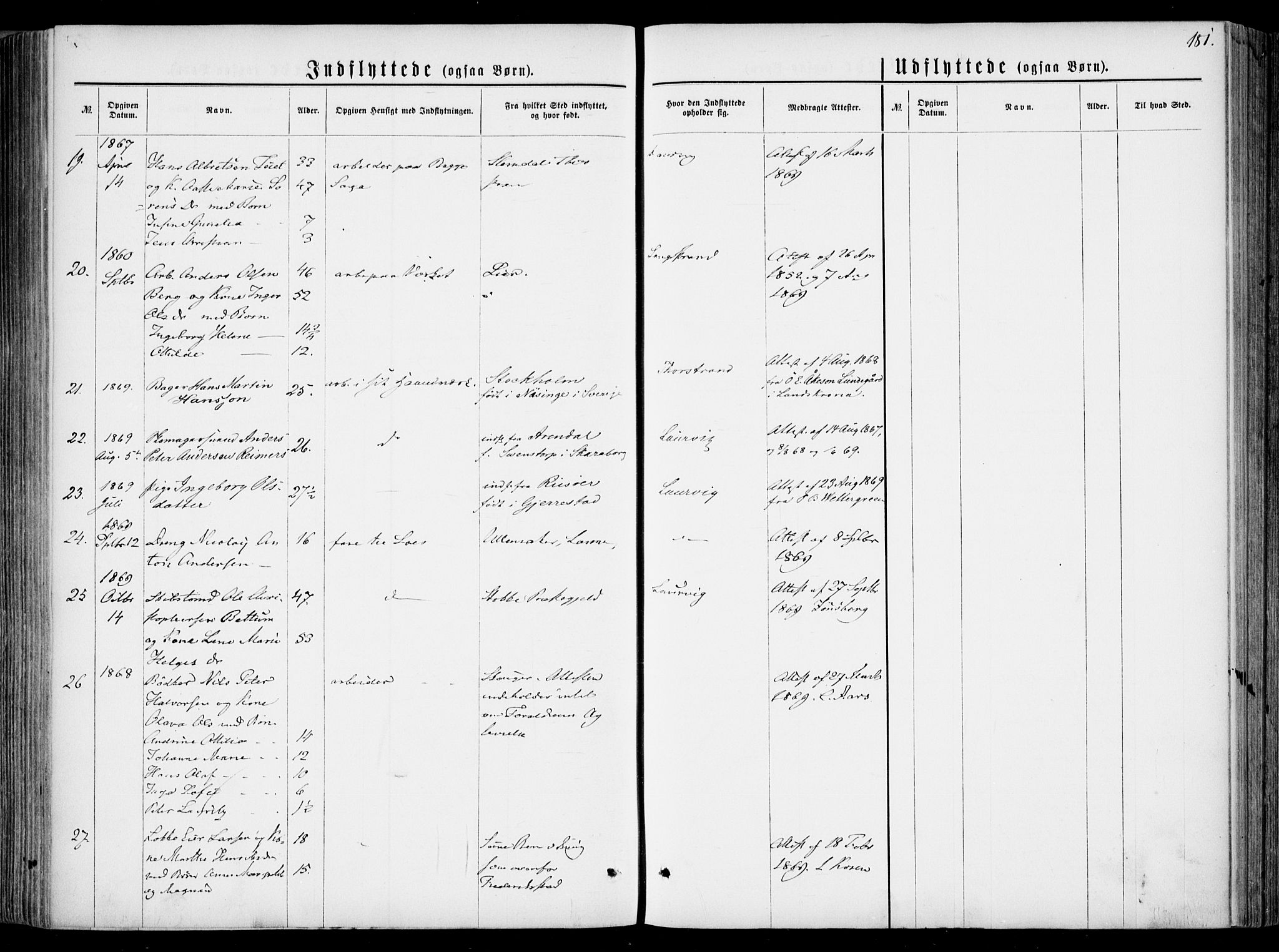 Larvik kirkebøker, AV/SAKO-A-352/F/Fa/L0005: Parish register (official) no. I 5, 1856-1870, p. 181