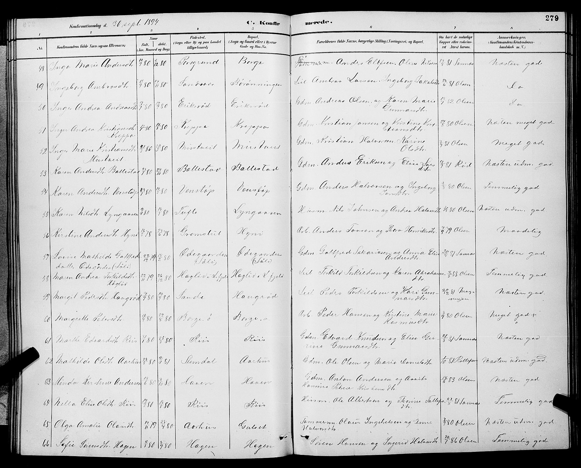 Gjerpen kirkebøker, SAKO/A-265/G/Ga/L0002: Parish register (copy) no. I 2, 1883-1900, p. 279