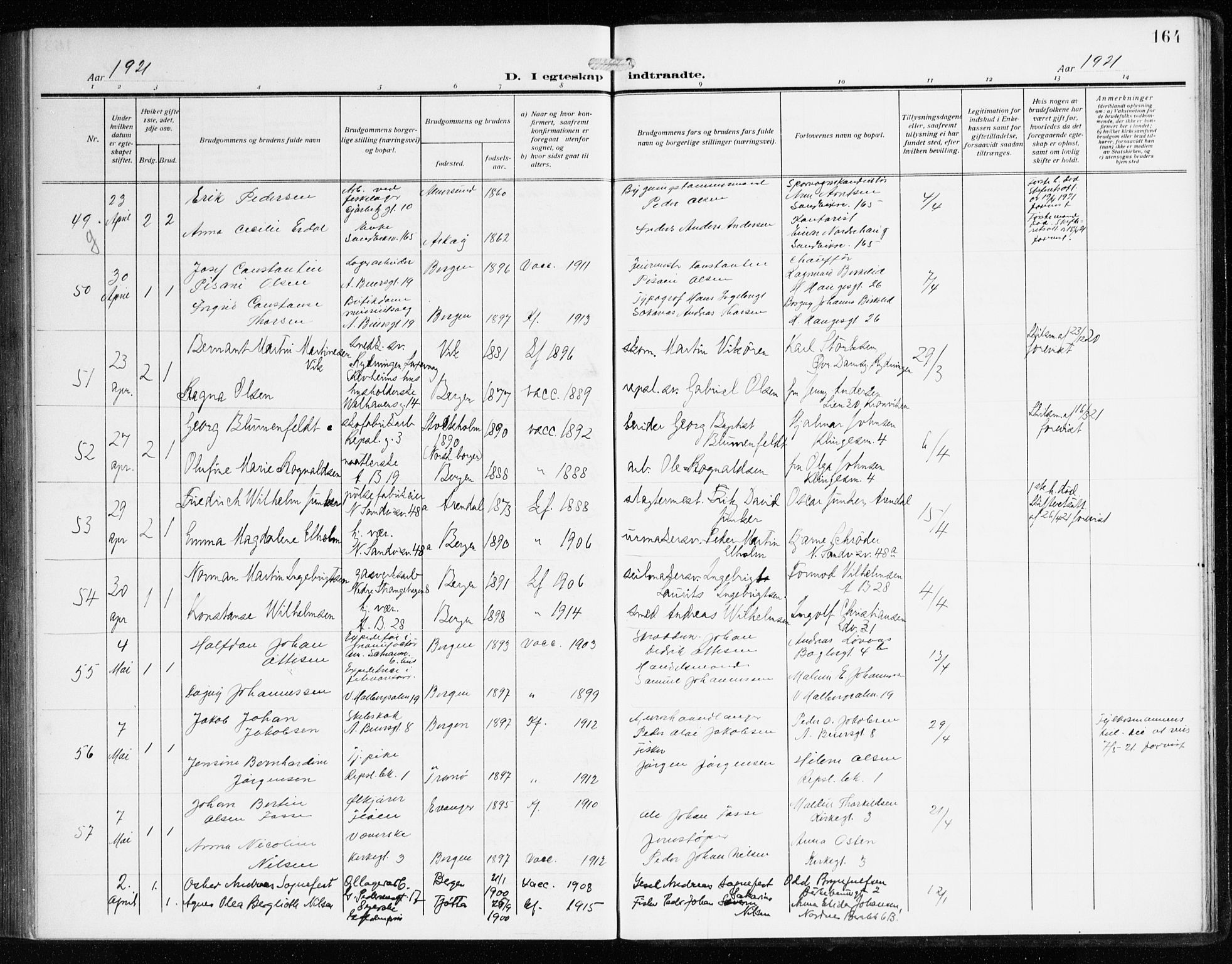 Sandviken Sokneprestembete, AV/SAB-A-77601/H/Ha/L0015: Parish register (official) no. D 2, 1911-1923, p. 164