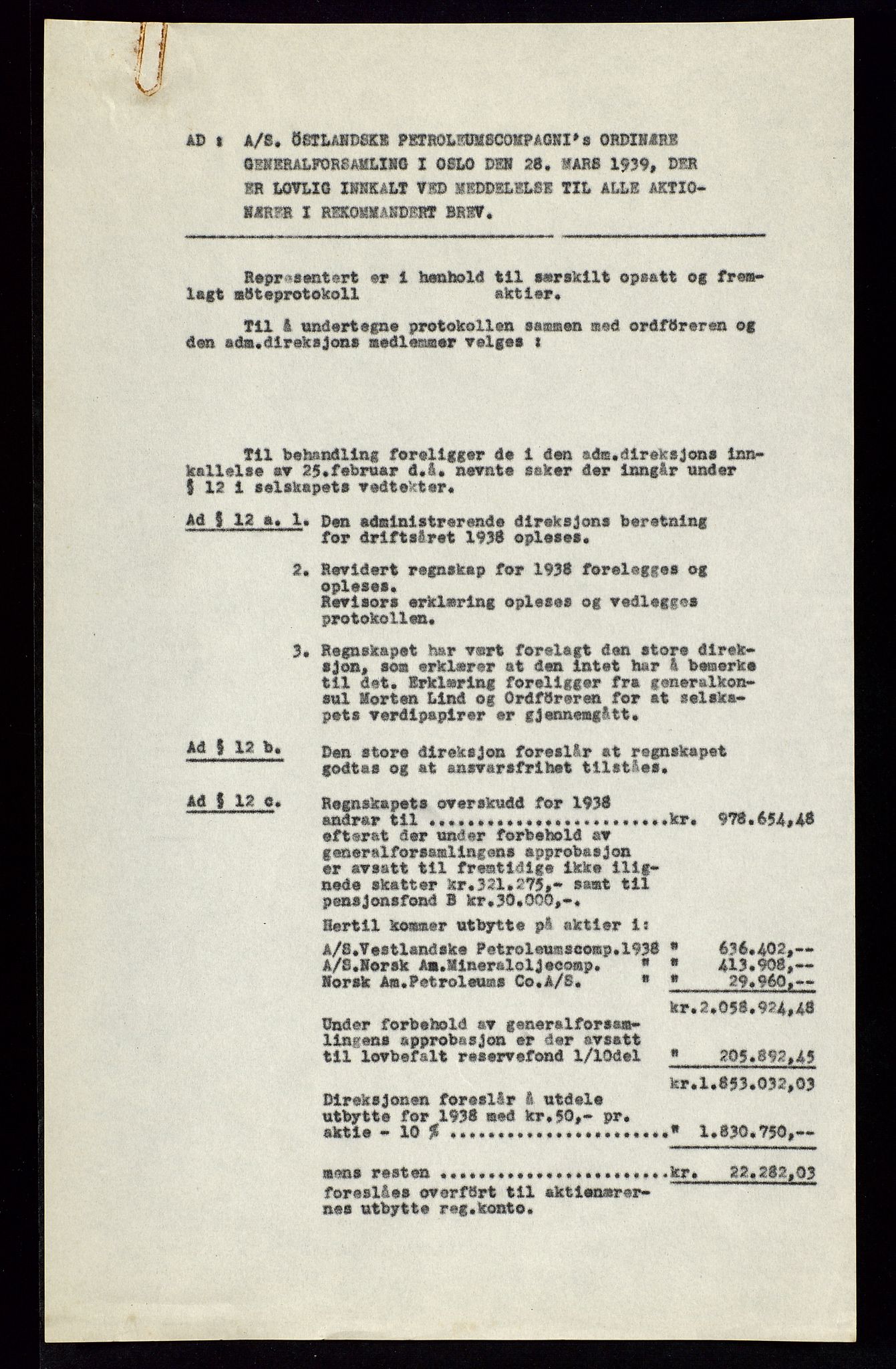 PA 1534 - Østlandske Petroleumscompagni A/S, SAST/A-101954/A/Aa/L0002/0010: Generalforsamlinger. / Generalforsamling, 1939, p. 14