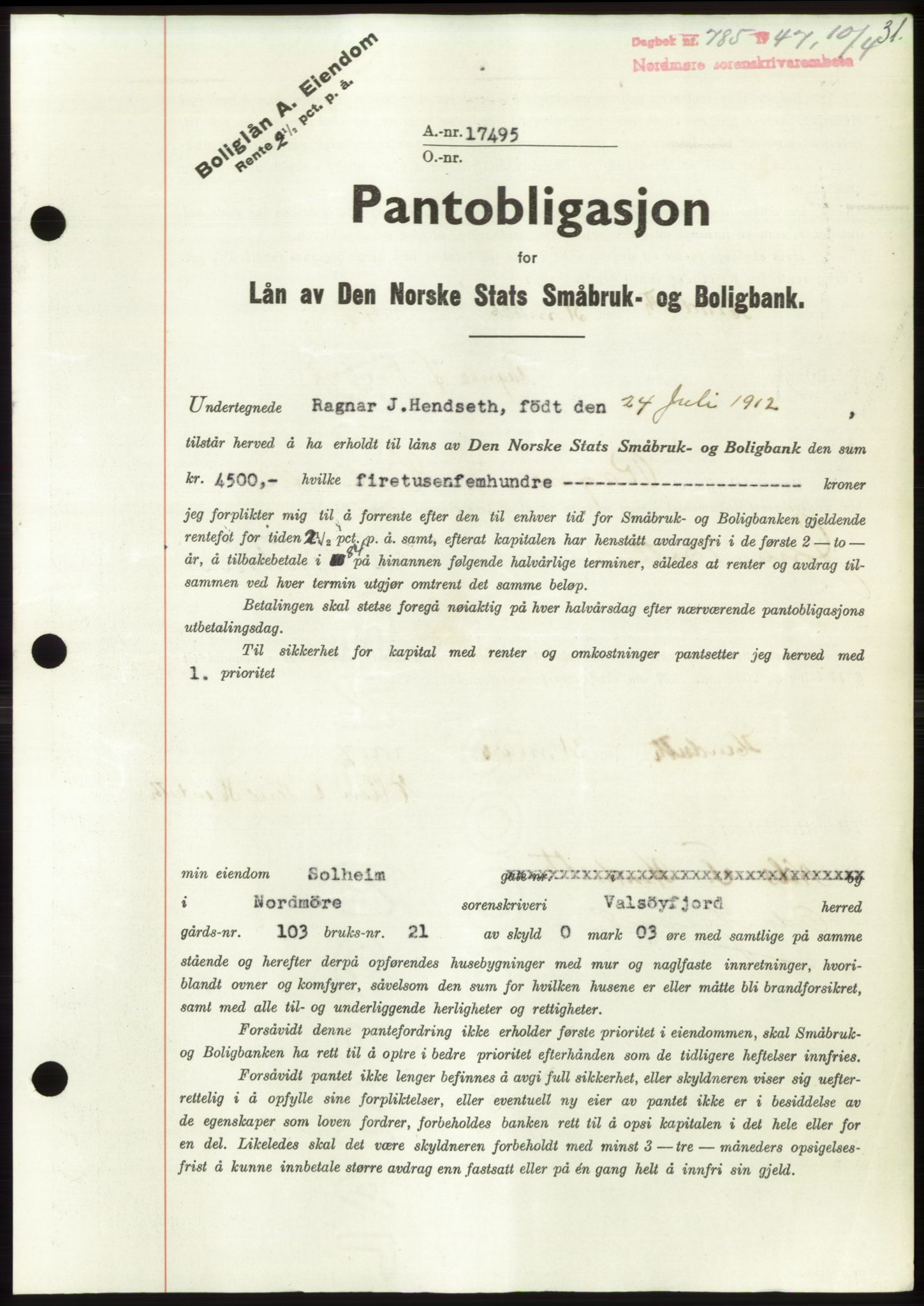 Nordmøre sorenskriveri, AV/SAT-A-4132/1/2/2Ca: Mortgage book no. B96, 1947-1947, Diary no: : 785/1947