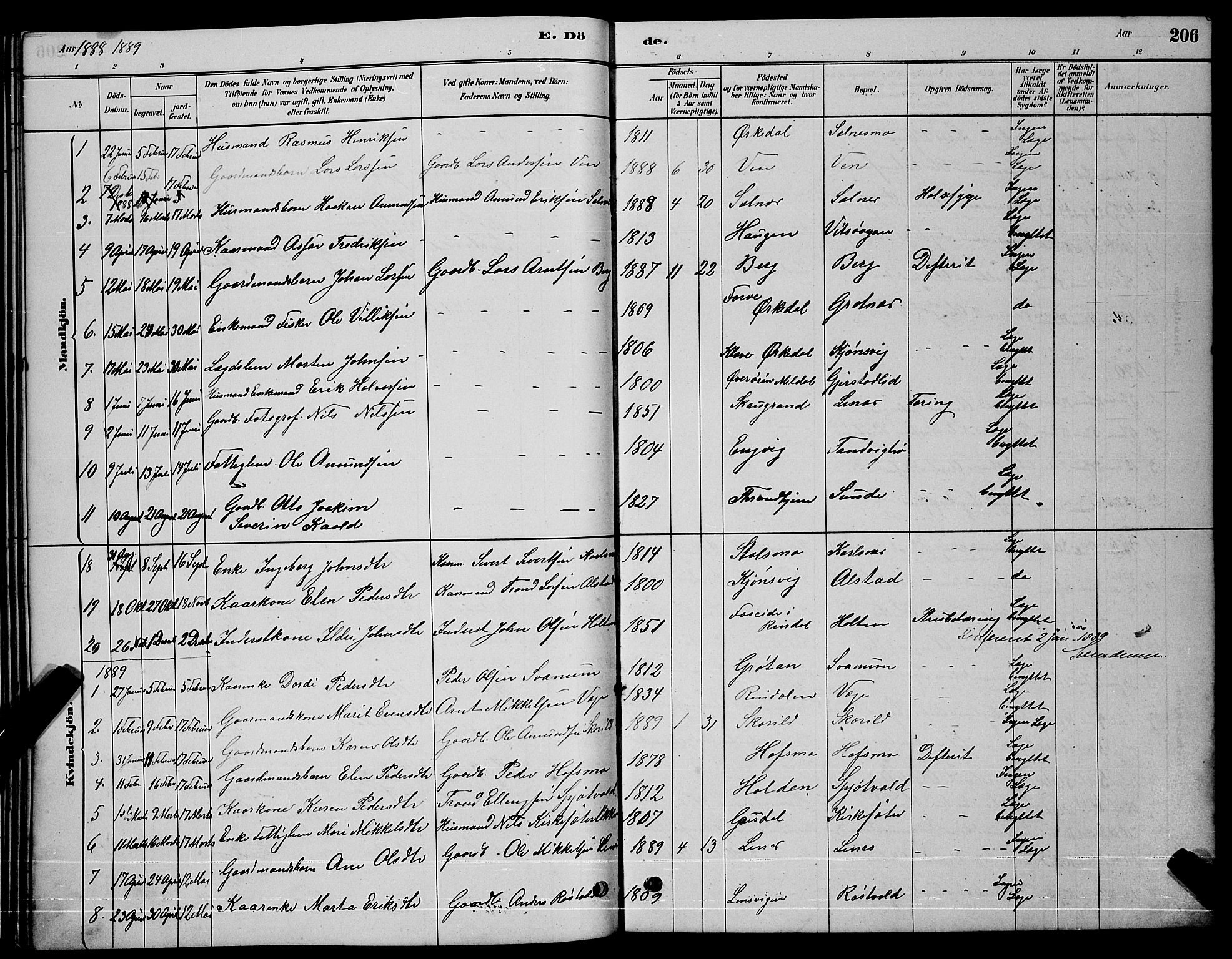 Ministerialprotokoller, klokkerbøker og fødselsregistre - Sør-Trøndelag, SAT/A-1456/630/L0504: Parish register (copy) no. 630C02, 1879-1898, p. 206