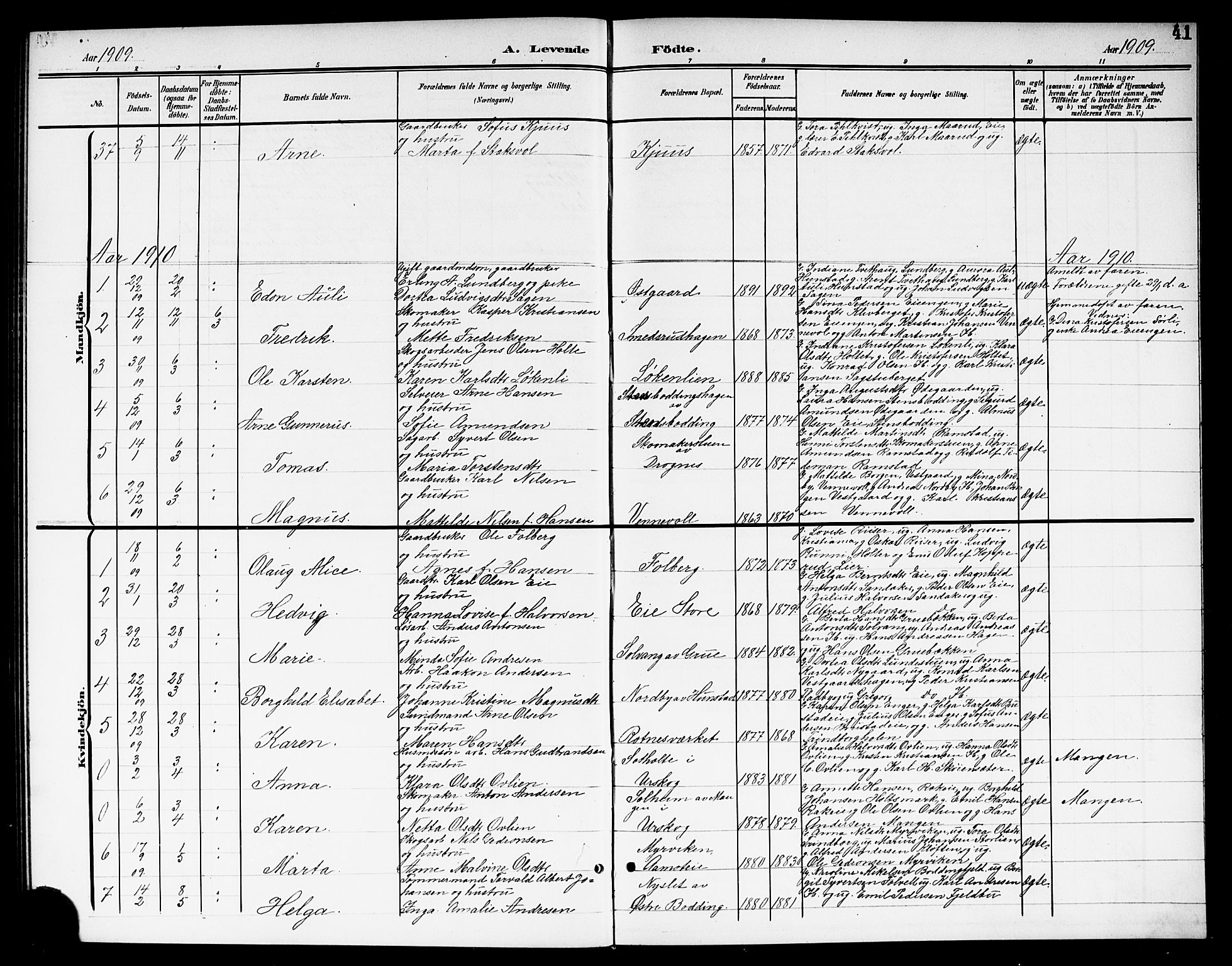 Nes prestekontor Kirkebøker, AV/SAO-A-10410/G/Gc/L0001: Parish register (copy) no. III 1, 1901-1917, p. 41