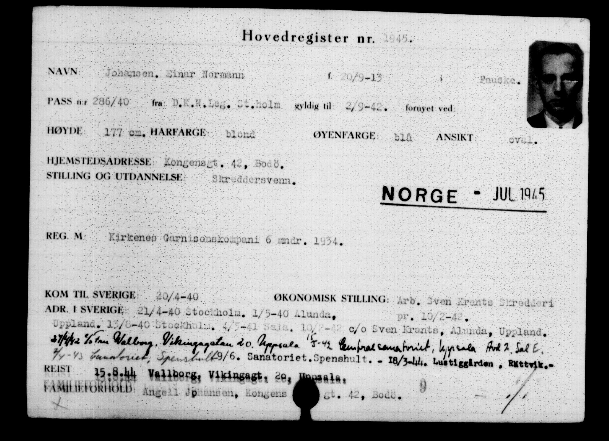 Utenriksstasjonene, Legasjonen i Stockholm, Flyktningkontoret, AV/RA-S-6753/V/Va/L0002: Kjesäterkartoteket, flyktninger med registreringsnr. 1001-2000, 1940-1945, p. 1345