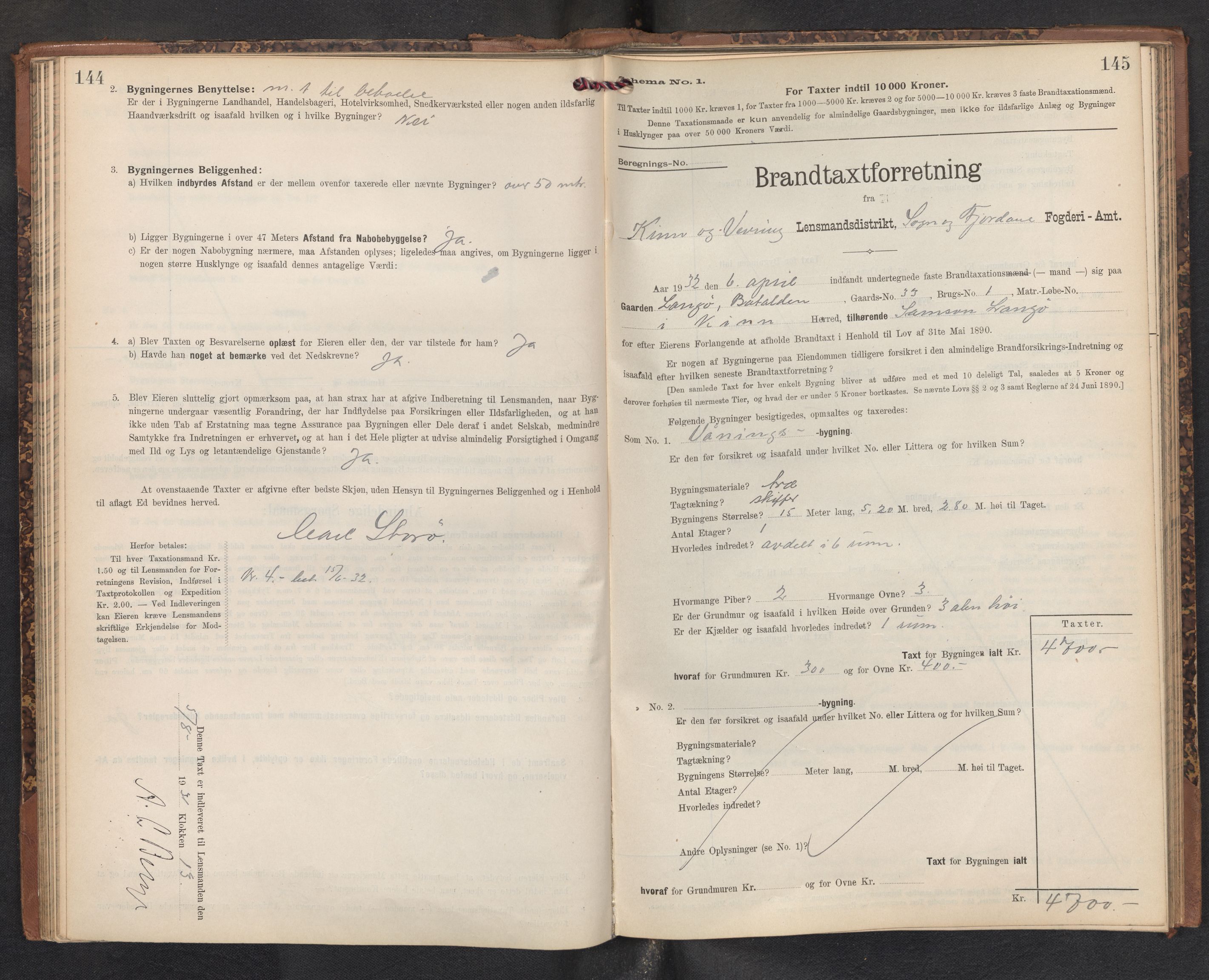 Lensmannen i Kinn, AV/SAB-A-28801/0012/L0005: Branntakstprotokoll, skjematakst, 1903-1938, p. 144-145