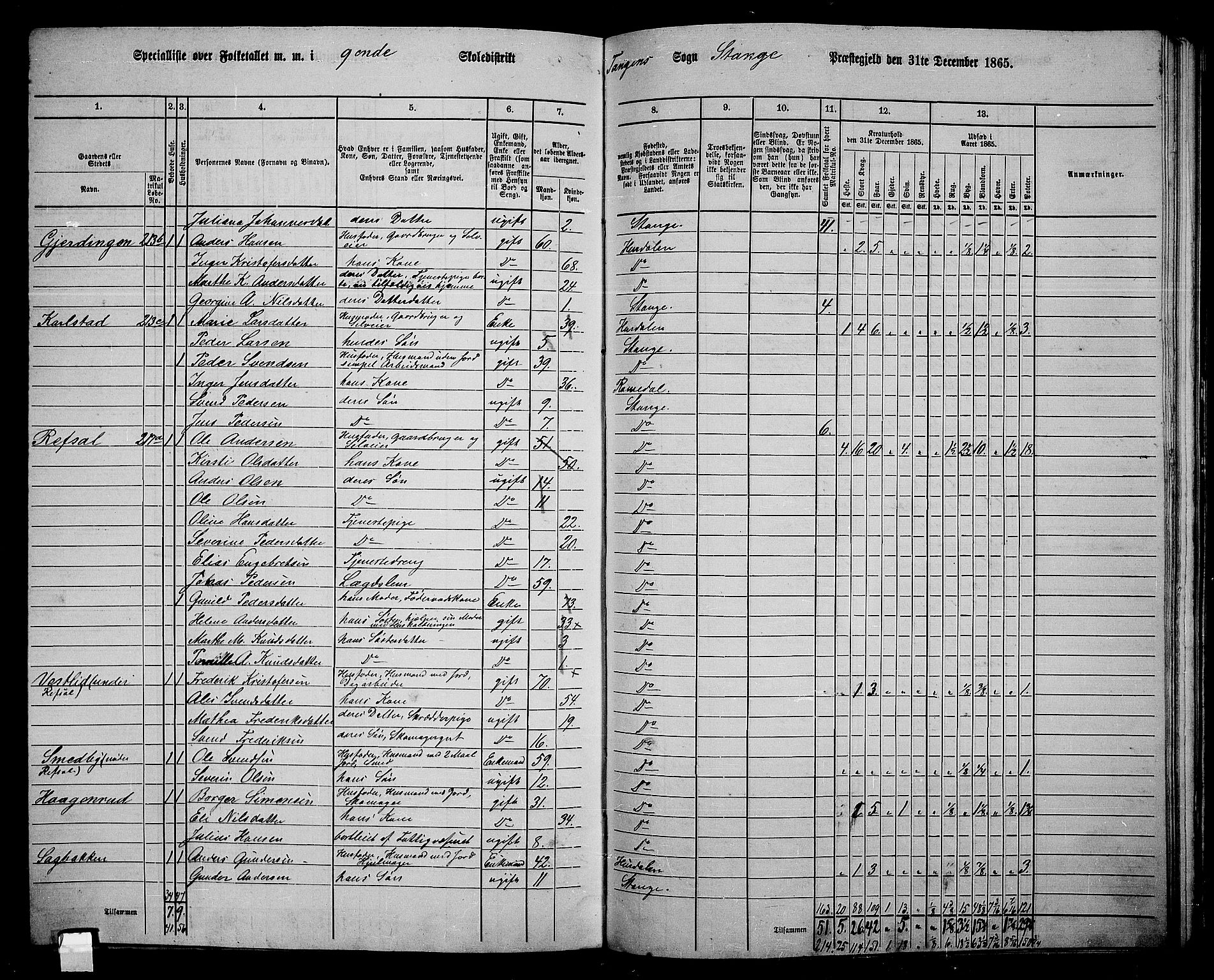 RA, 1865 census for Stange, 1865, p. 215