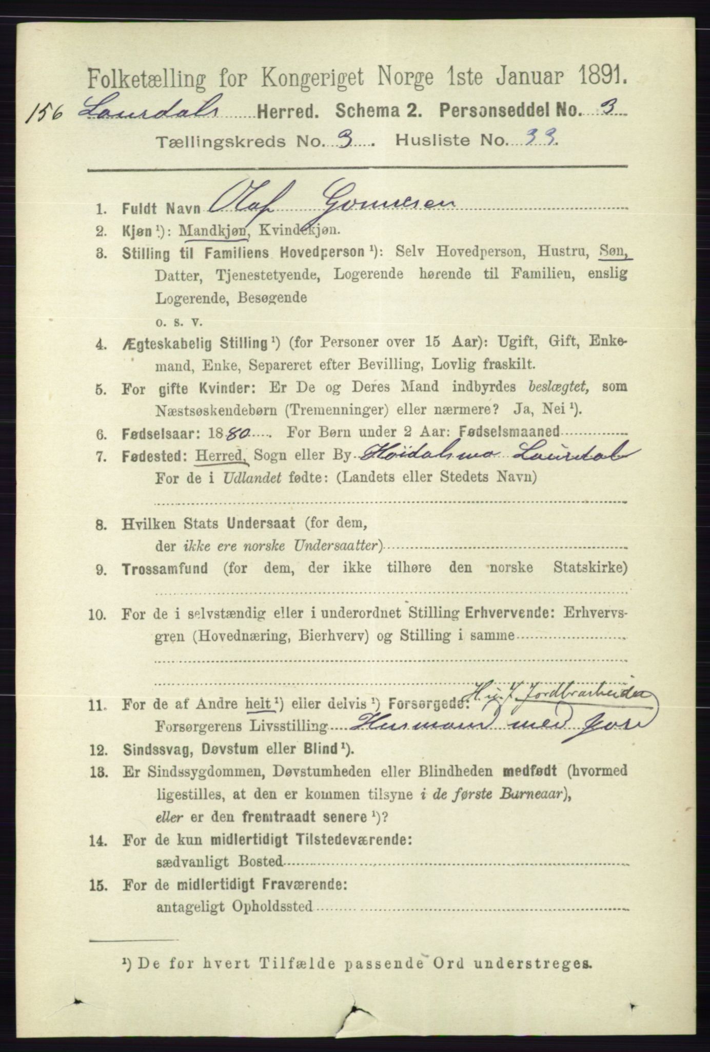 RA, 1891 census for 0833 Lårdal, 1891, p. 996