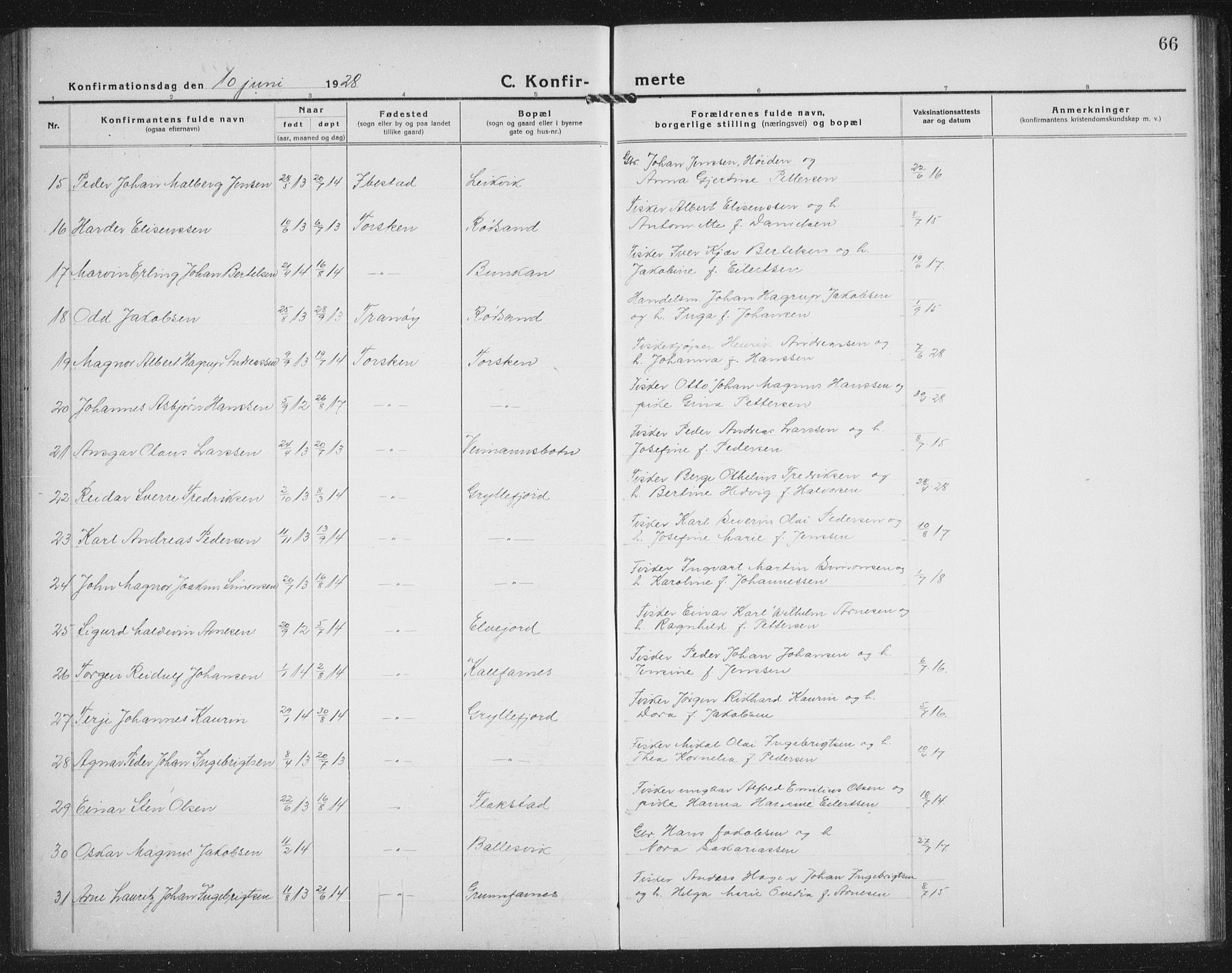 Berg sokneprestkontor, AV/SATØ-S-1318/G/Ga/Gab/L0014klokker: Parish register (copy) no. 14, 1922-1933, p. 66