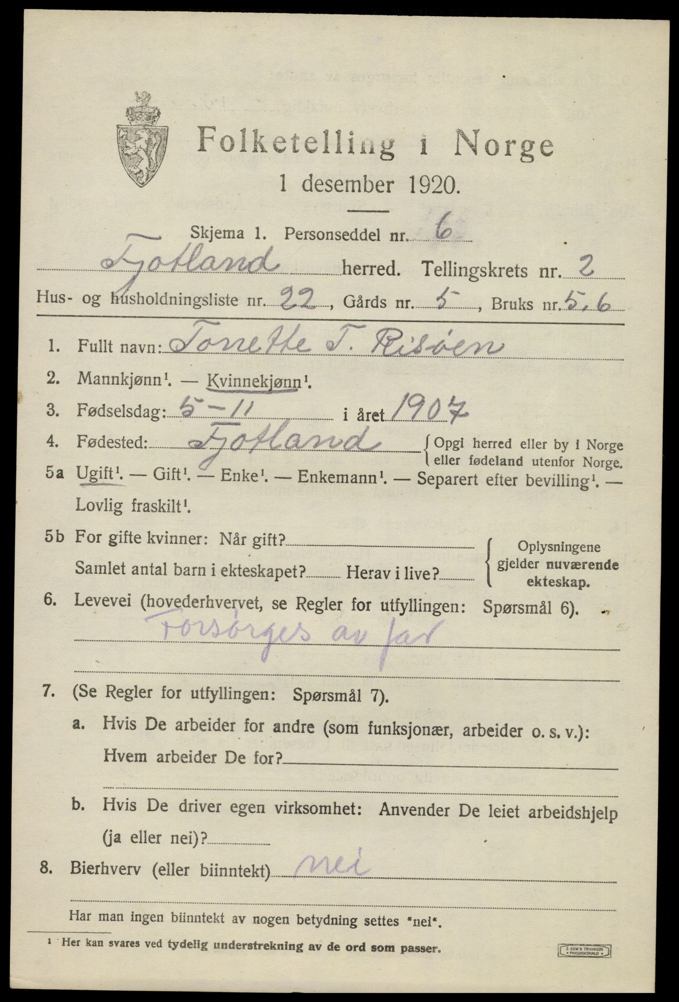 SAK, 1920 census for Fjotland, 1920, p. 928