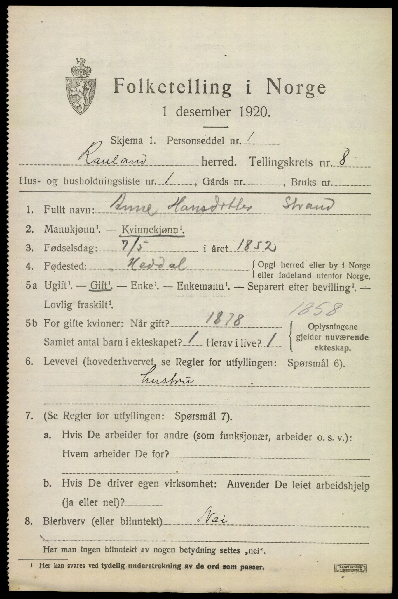 SAKO, 1920 census for Rauland, 1920, p. 1796