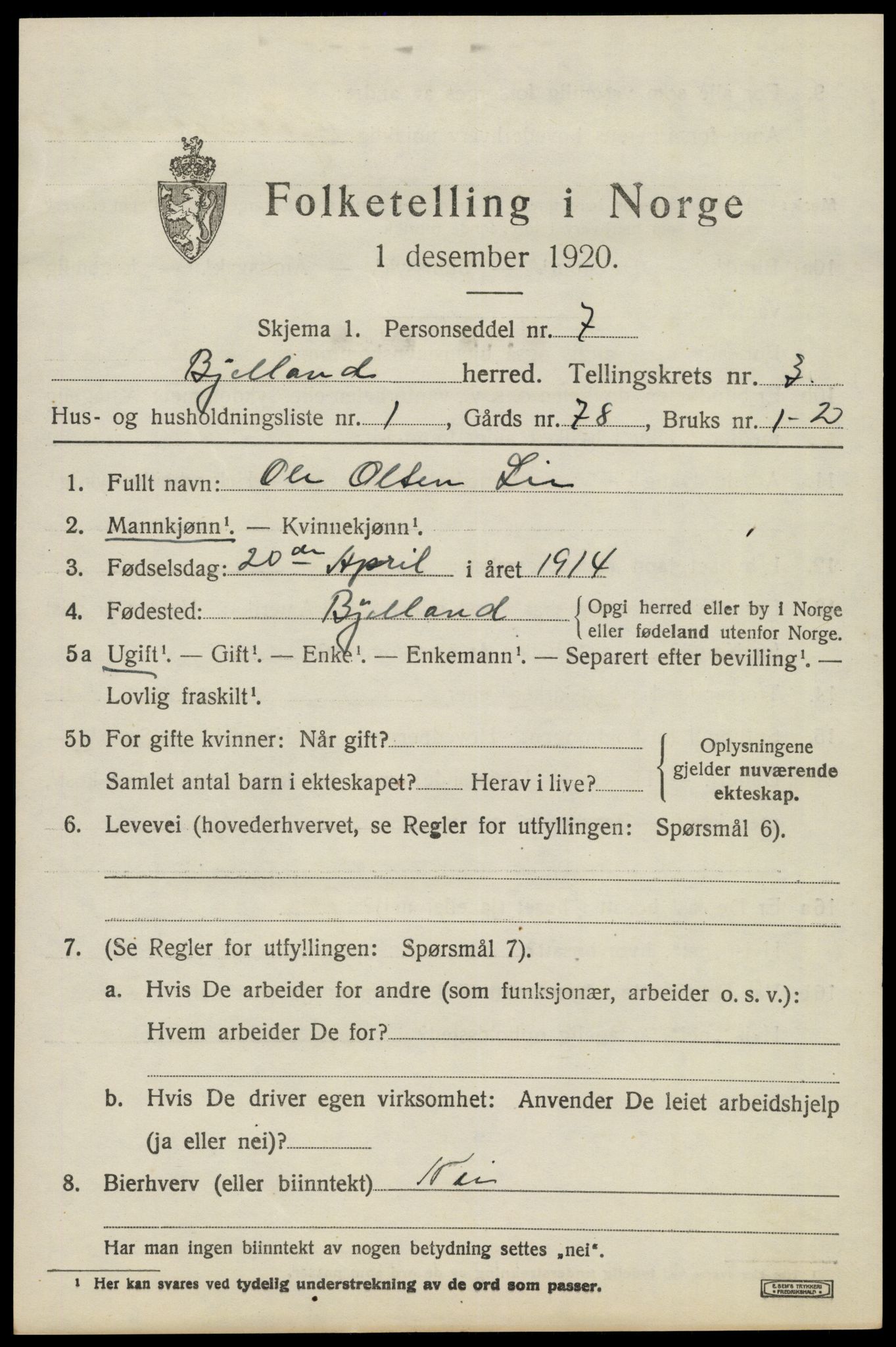 SAK, 1920 census for Bjelland, 1920, p. 965