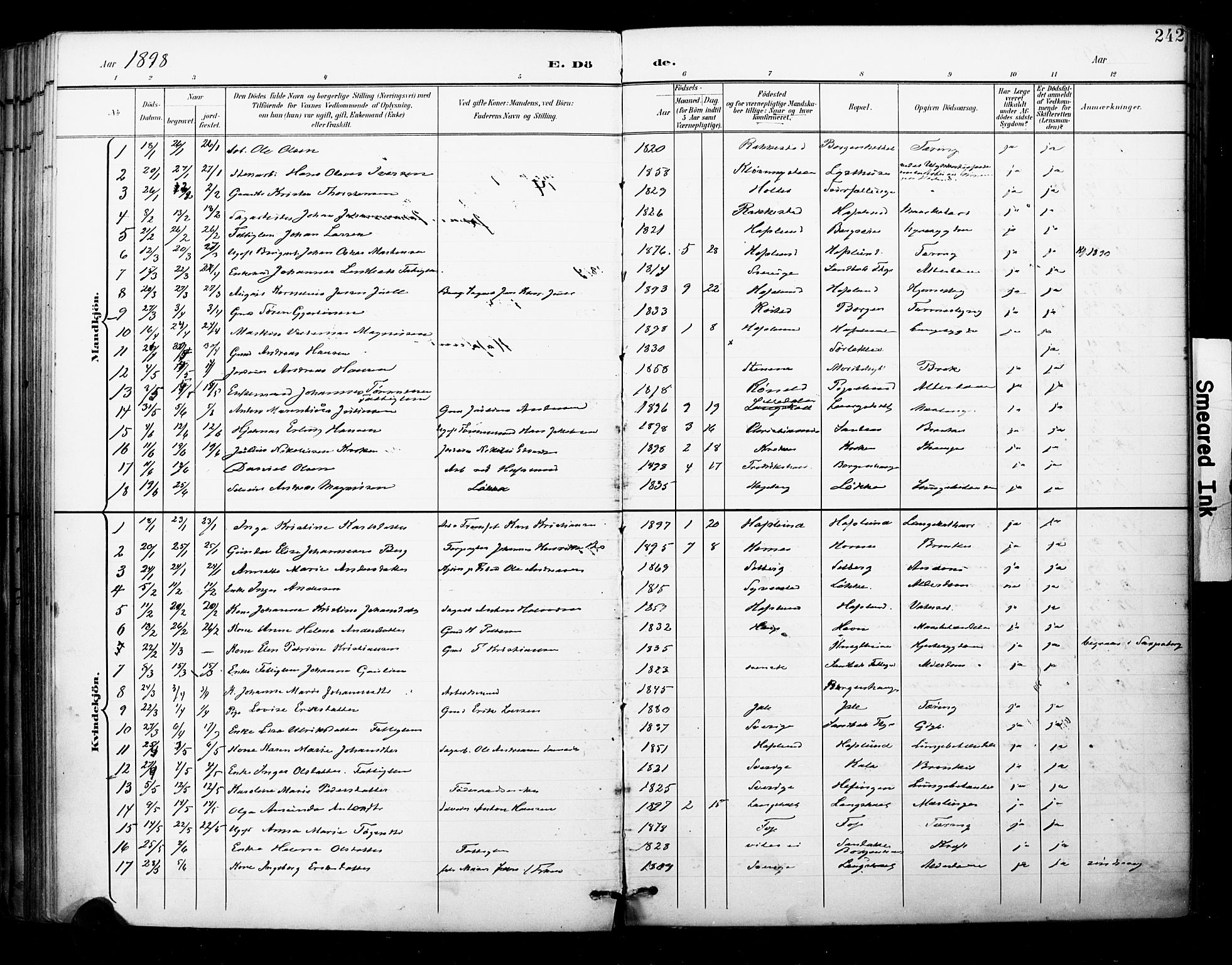 Skjeberg prestekontor Kirkebøker, SAO/A-10923/F/Fa/L0010: Parish register (official) no. I 10, 1898-1911, p. 242