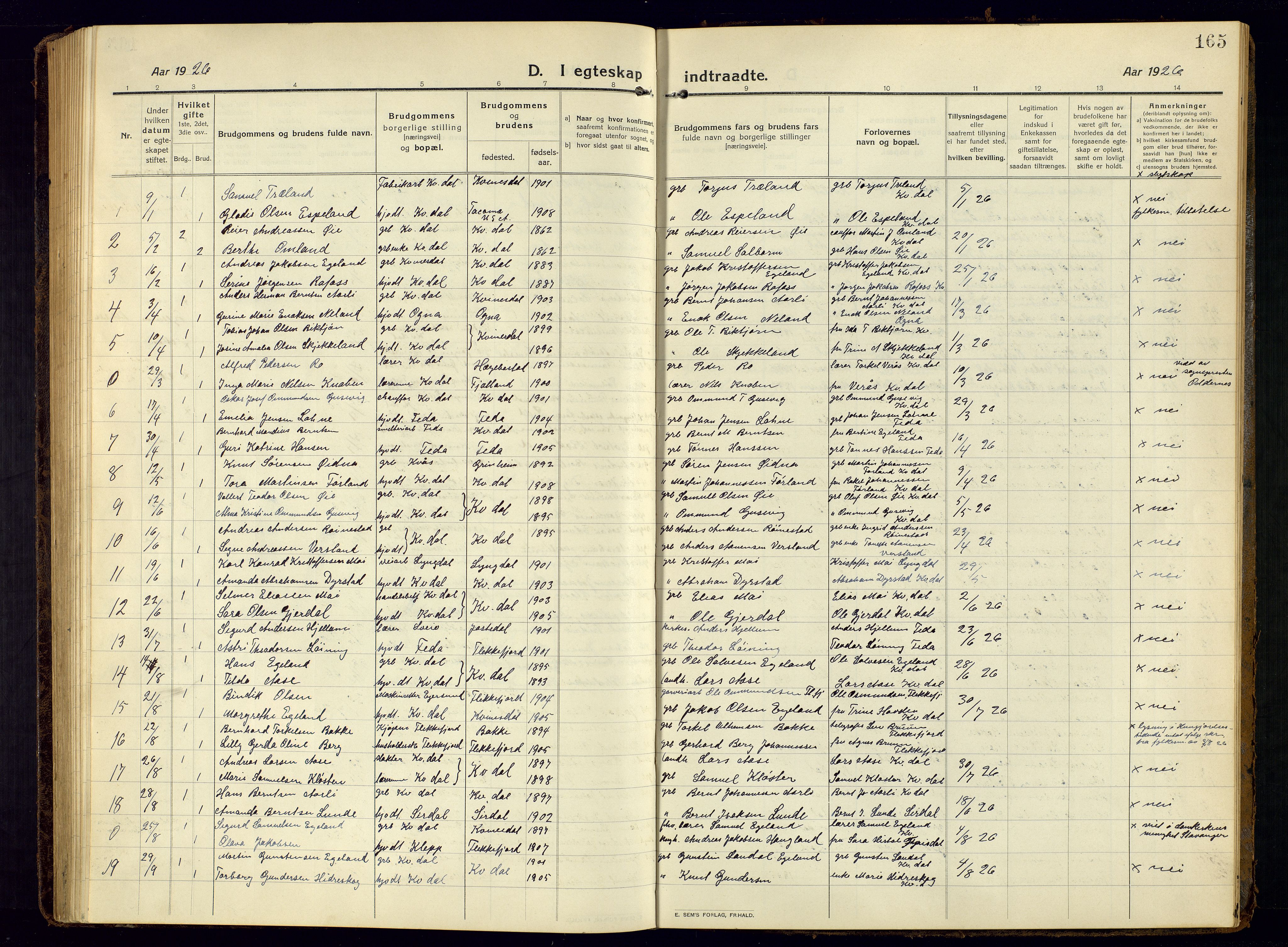 Kvinesdal sokneprestkontor, AV/SAK-1111-0026/F/Fb/Fbb/L0004: Parish register (copy) no. B 4, 1917-1938, p. 165