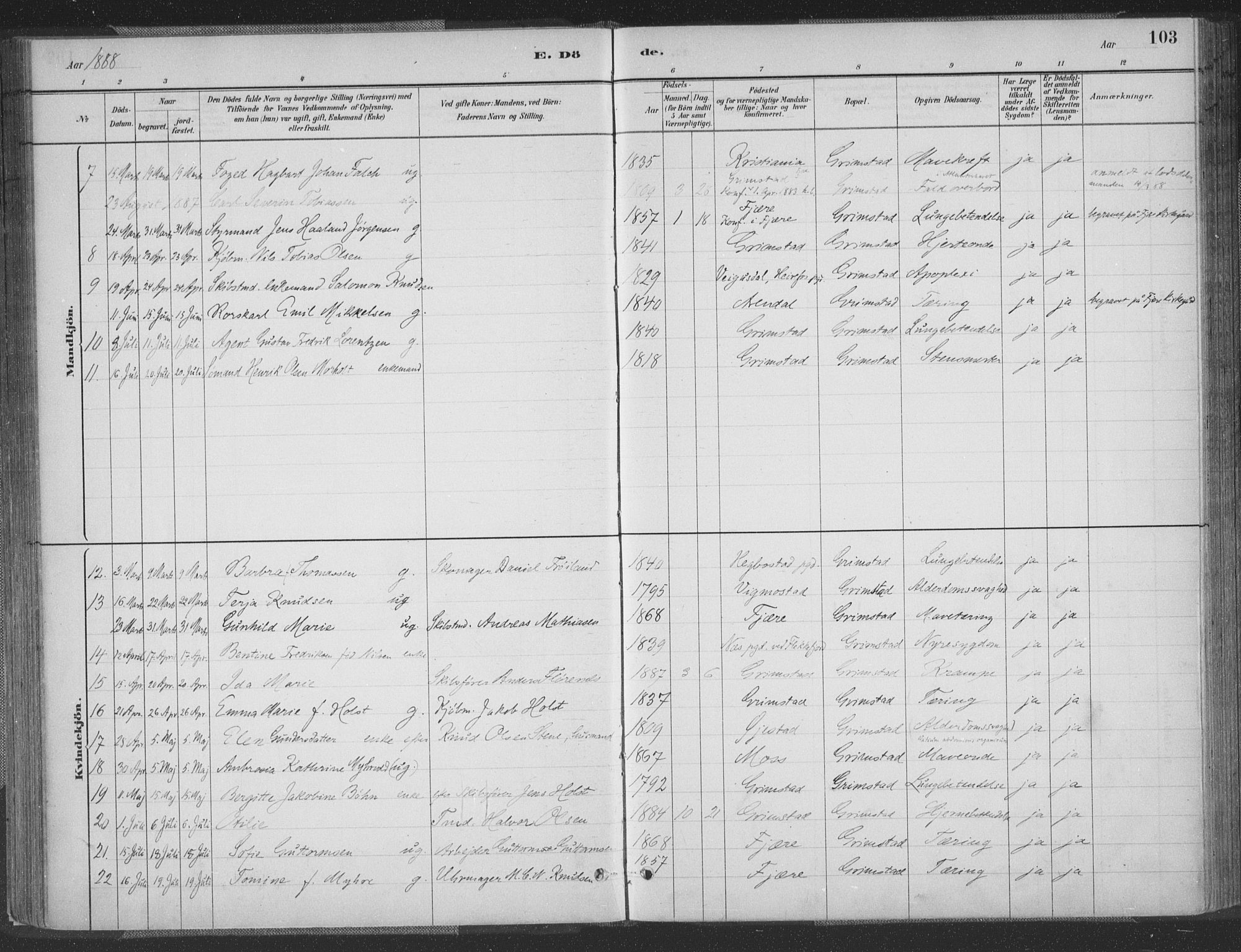 Grimstad sokneprestkontor, AV/SAK-1111-0017/F/Fa/L0004: Parish register (official) no. A 3, 1882-1910, p. 103