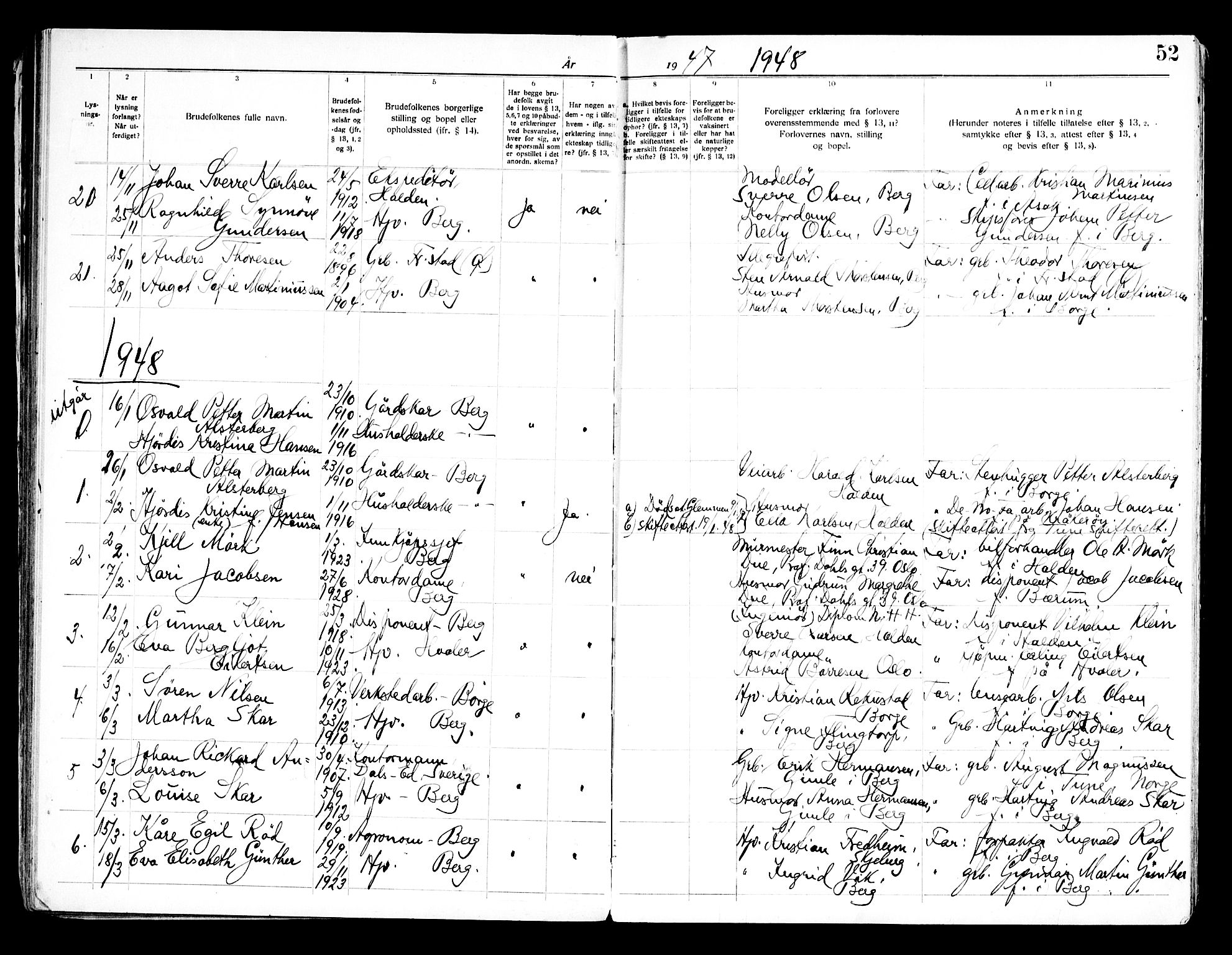 Berg prestekontor Kirkebøker, AV/SAO-A-10902/H/Ha/L0002: Banns register no. I 2, 1919-1966, p. 52