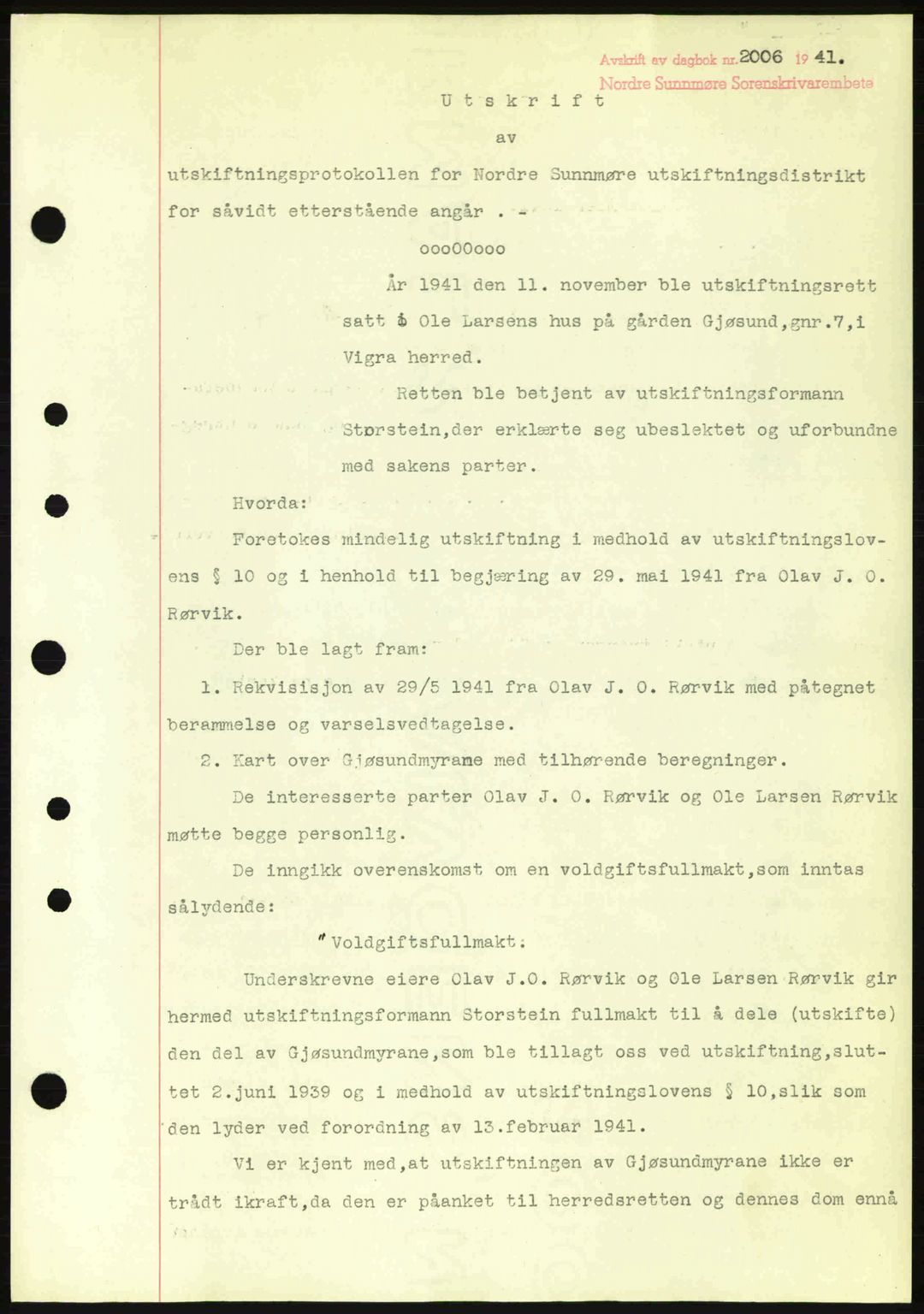 Nordre Sunnmøre sorenskriveri, AV/SAT-A-0006/1/2/2C/2Ca: Mortgage book no. A12, 1941-1942, Diary no: : 2006/1941