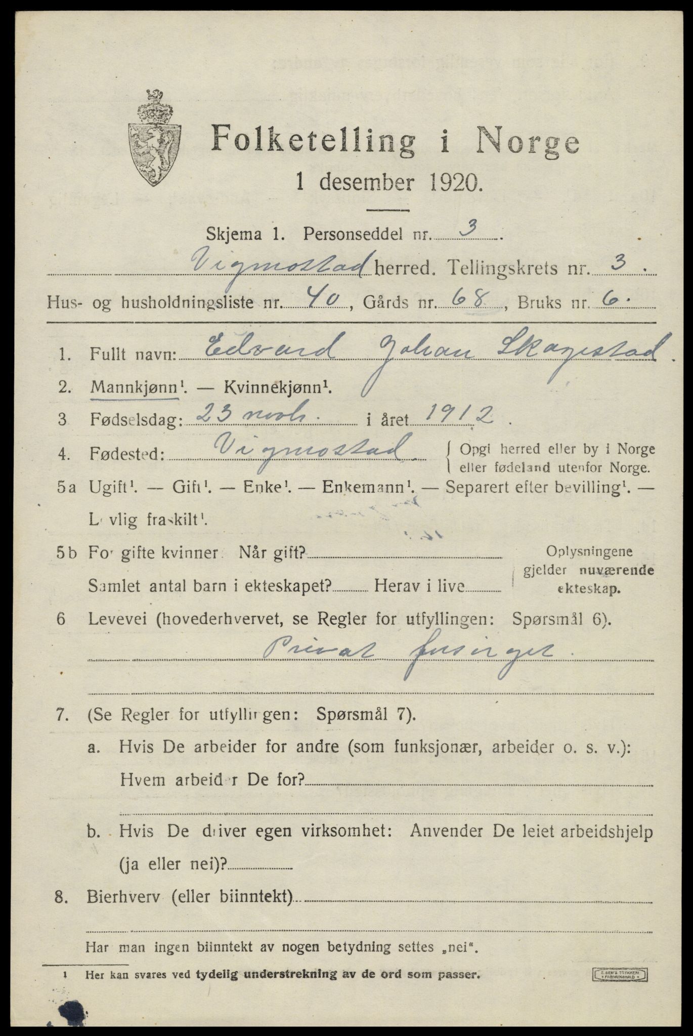 SAK, 1920 census for Vigmostad, 1920, p. 1157