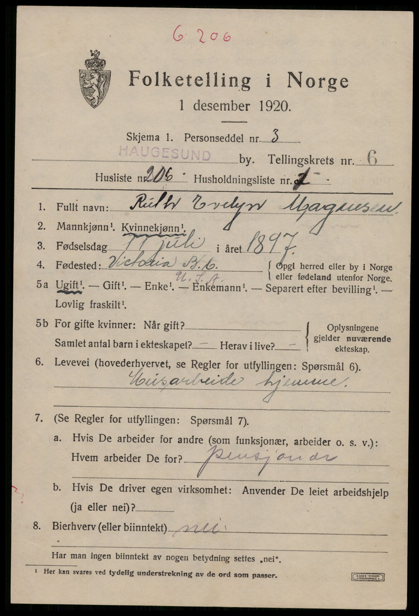 SAST, 1920 census for Haugesund, 1920, p. 25061