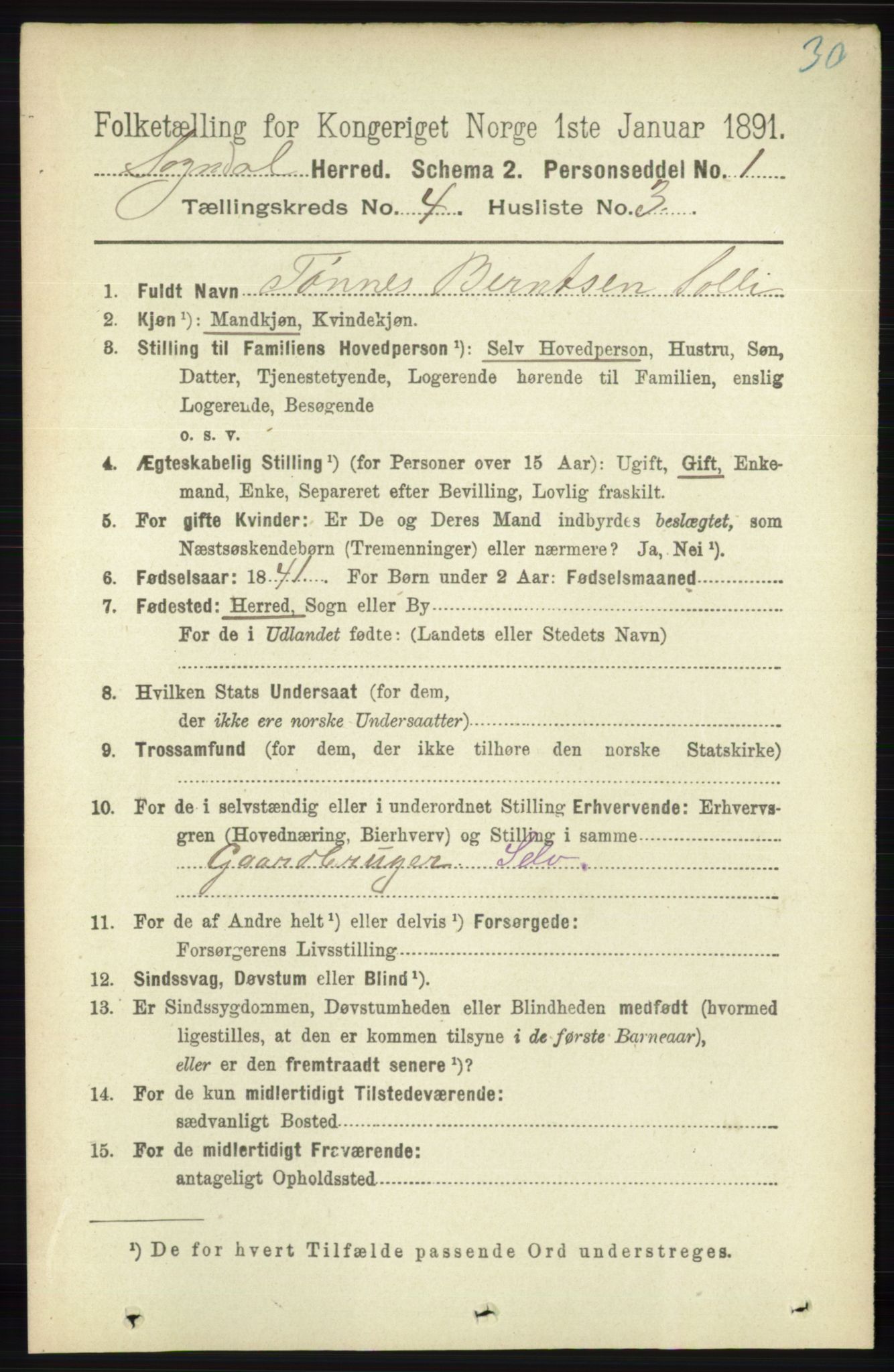 RA, 1891 census for 1111 Sokndal, 1891, p. 1009