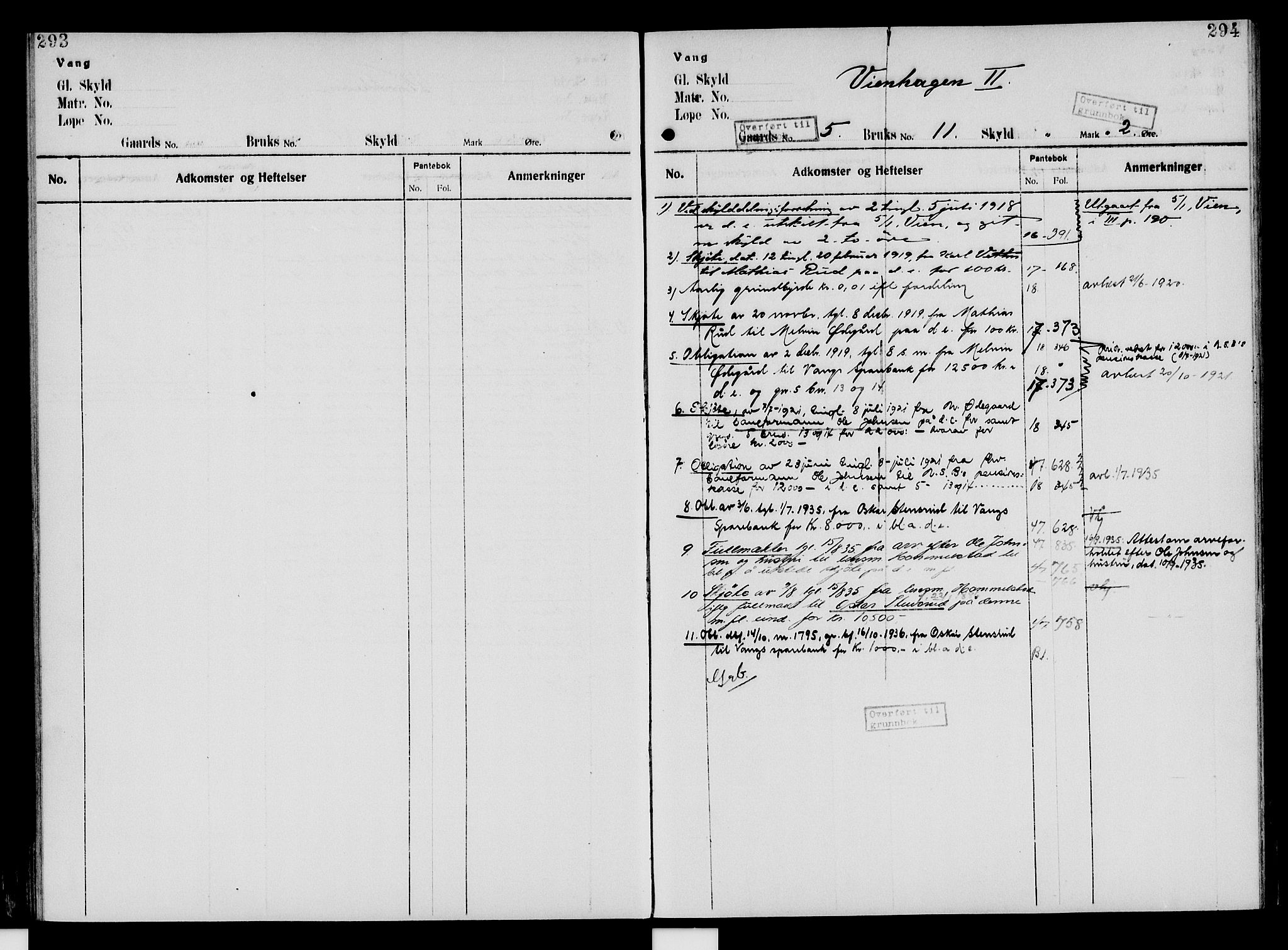 Nord-Hedmark sorenskriveri, SAH/TING-012/H/Ha/Had/Hade/L0005: Mortgage register no. 4.5, 1916-1940, p. 293-294