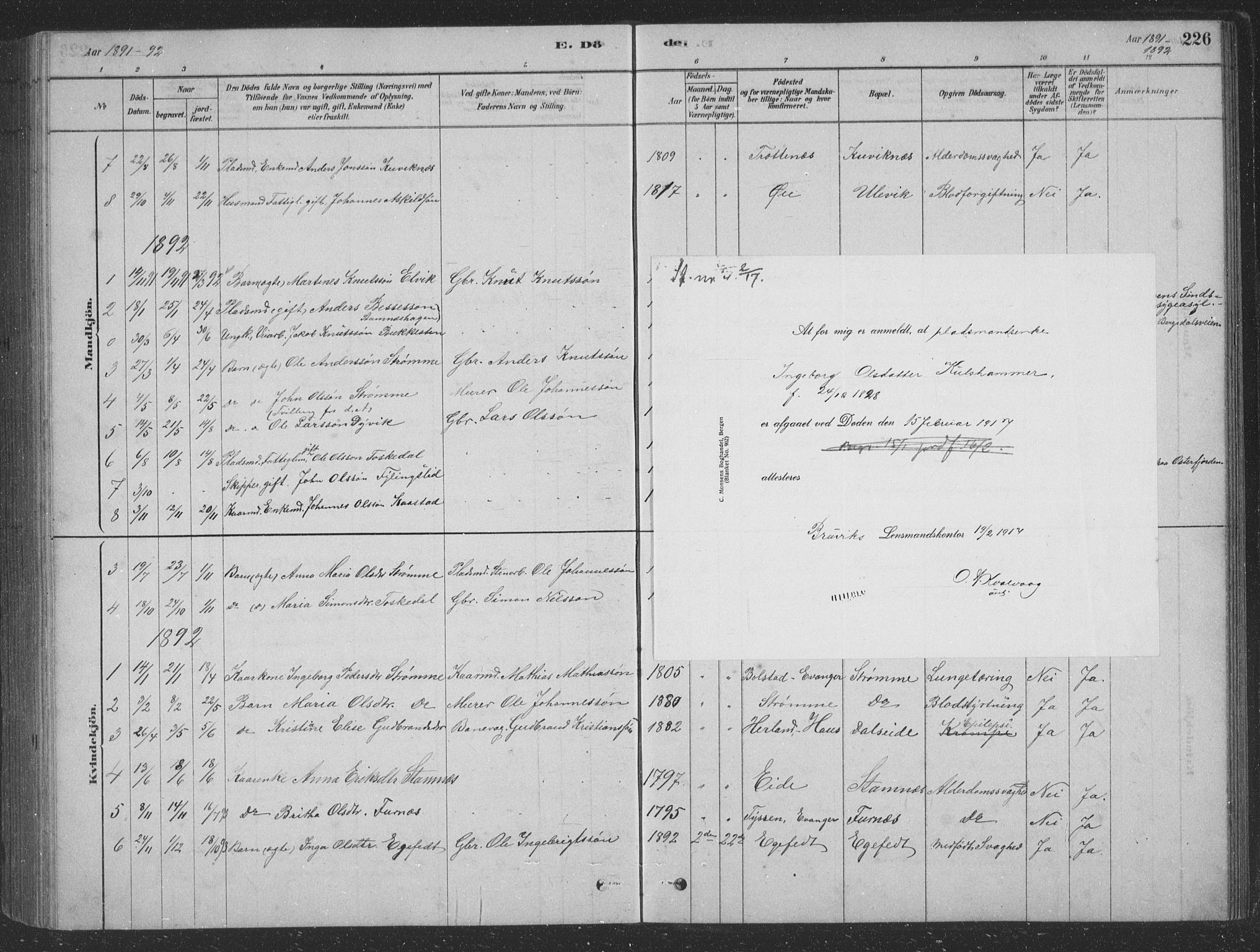 Vaksdal Sokneprestembete, SAB/A-78901/H/Hab: Parish register (copy) no. D 1, 1878-1939, p. 226