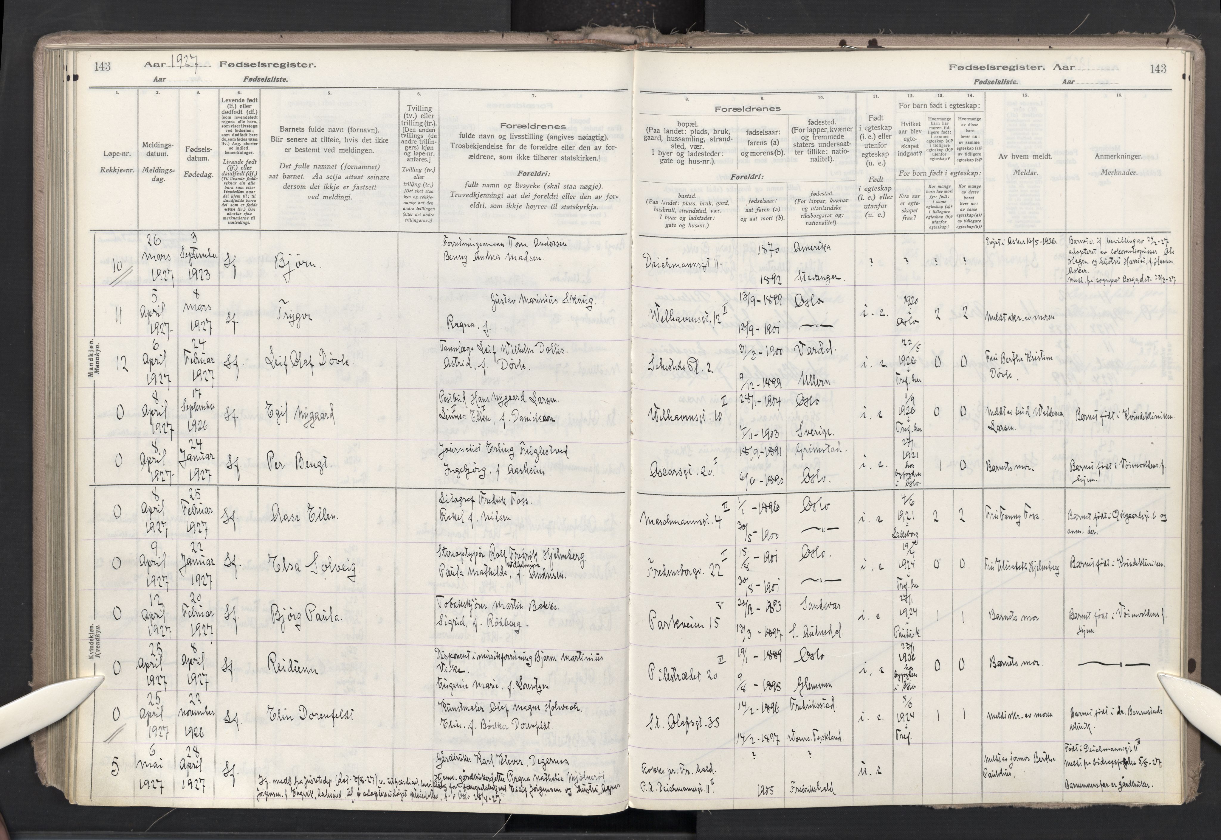 Trefoldighet prestekontor Kirkebøker, AV/SAO-A-10882/J/Ja/L0001: Birth register no. 1, 1916-1931, p. 143