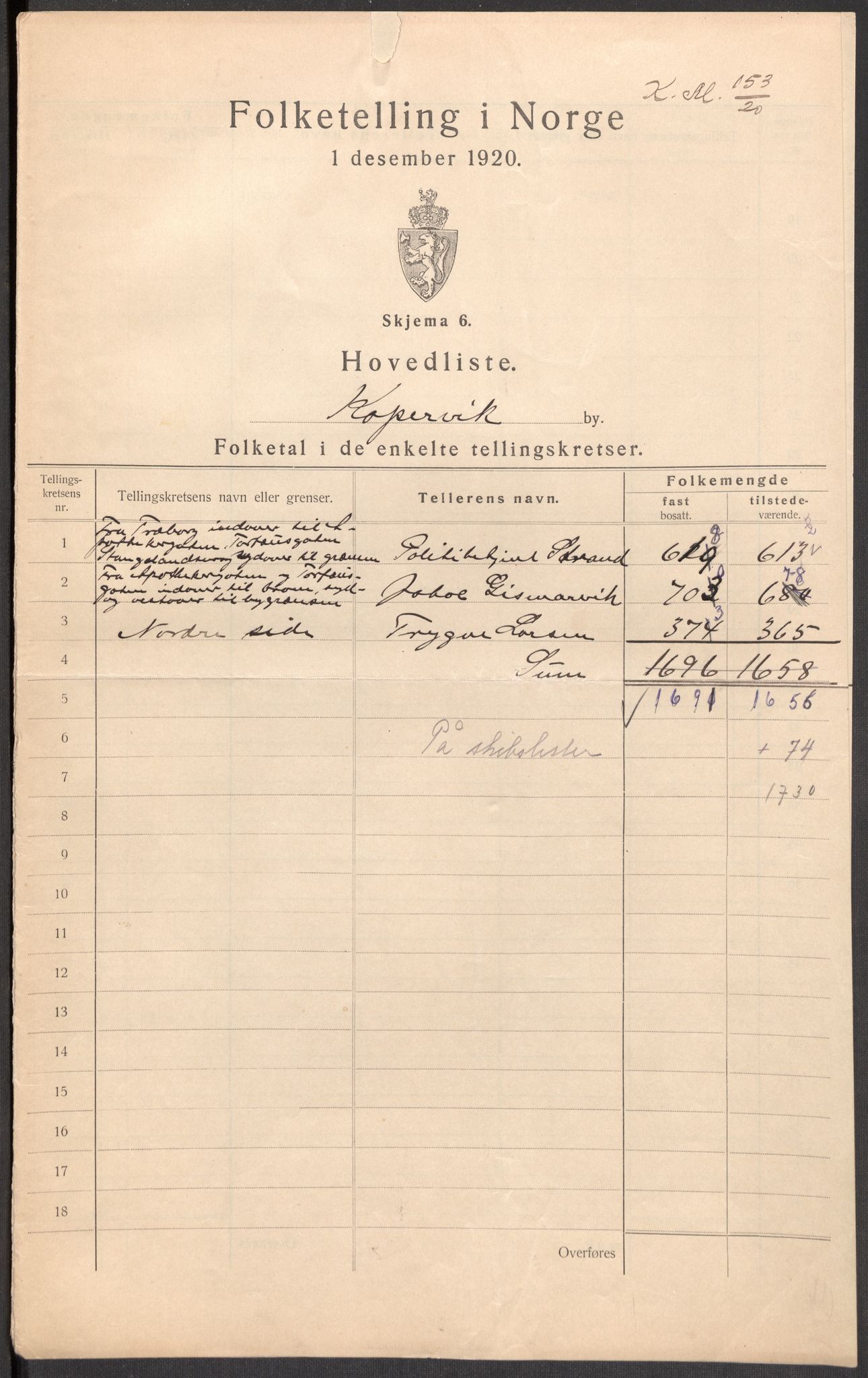 SAST, 1920 census for Kopervik, 1920, p. 3