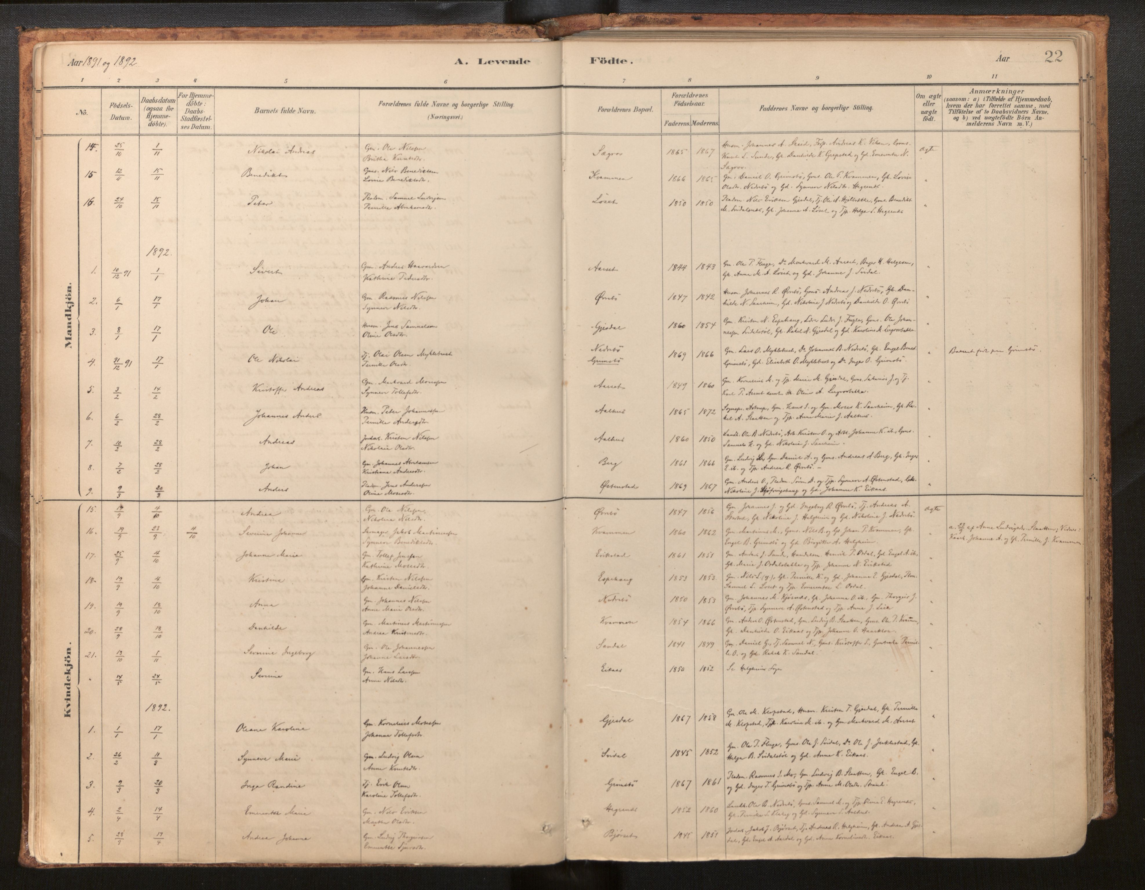 Jølster sokneprestembete, AV/SAB-A-80701/H/Haa/Haab/L0001: Parish register (official) no. B 1, 1882-1930, p. 22