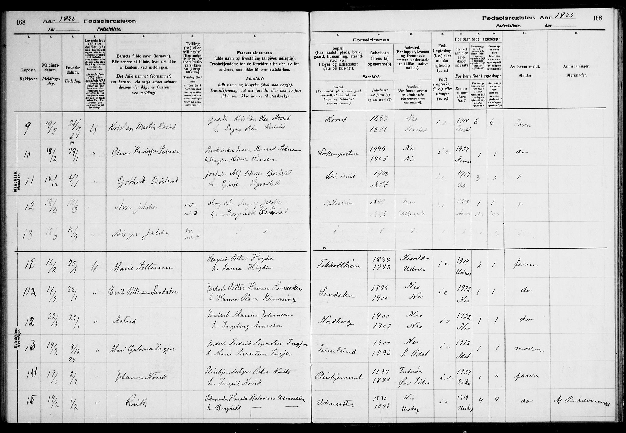 Nes prestekontor Kirkebøker, AV/SAO-A-10410/J/Ja/L0001: Birth register no. 1, 1916-1926, p. 168