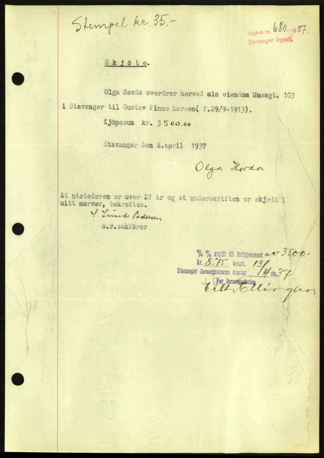 Stavanger byrett, AV/SAST-A-100455/002/G/Gb/L0012: Mortgage book no. A2, 1936-1937, Diary no: : 680/1937