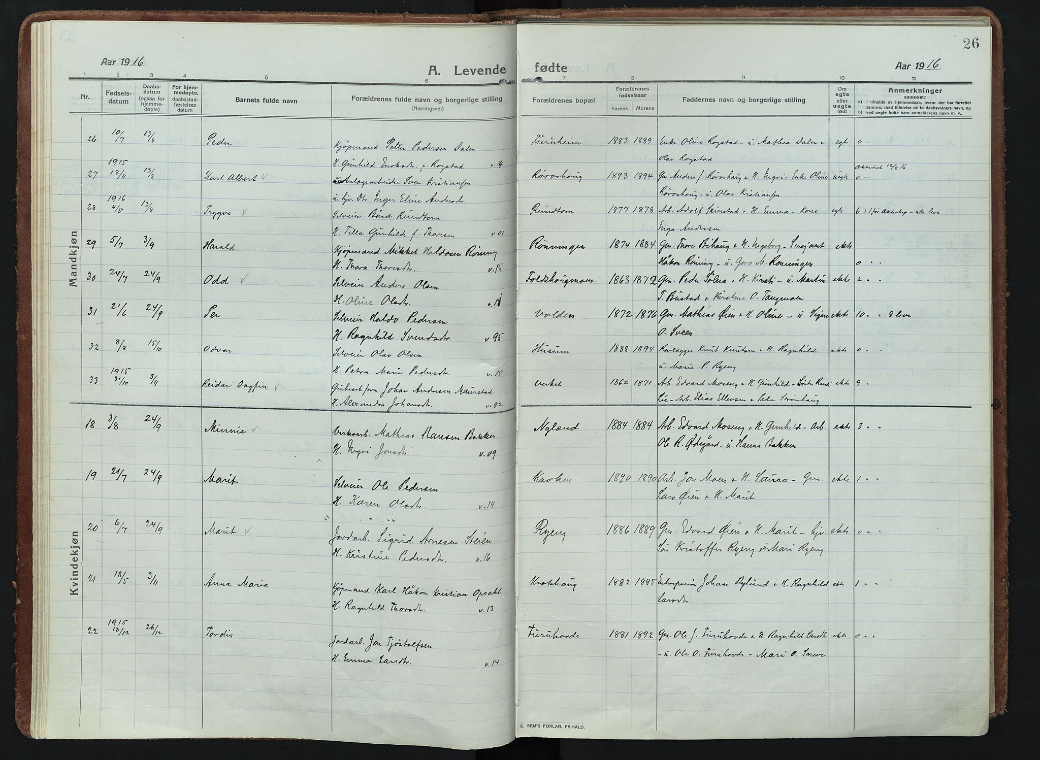 Alvdal prestekontor, AV/SAH-PREST-060/H/Ha/Haa/L0005: Parish register (official) no. 5, 1913-1930, p. 26