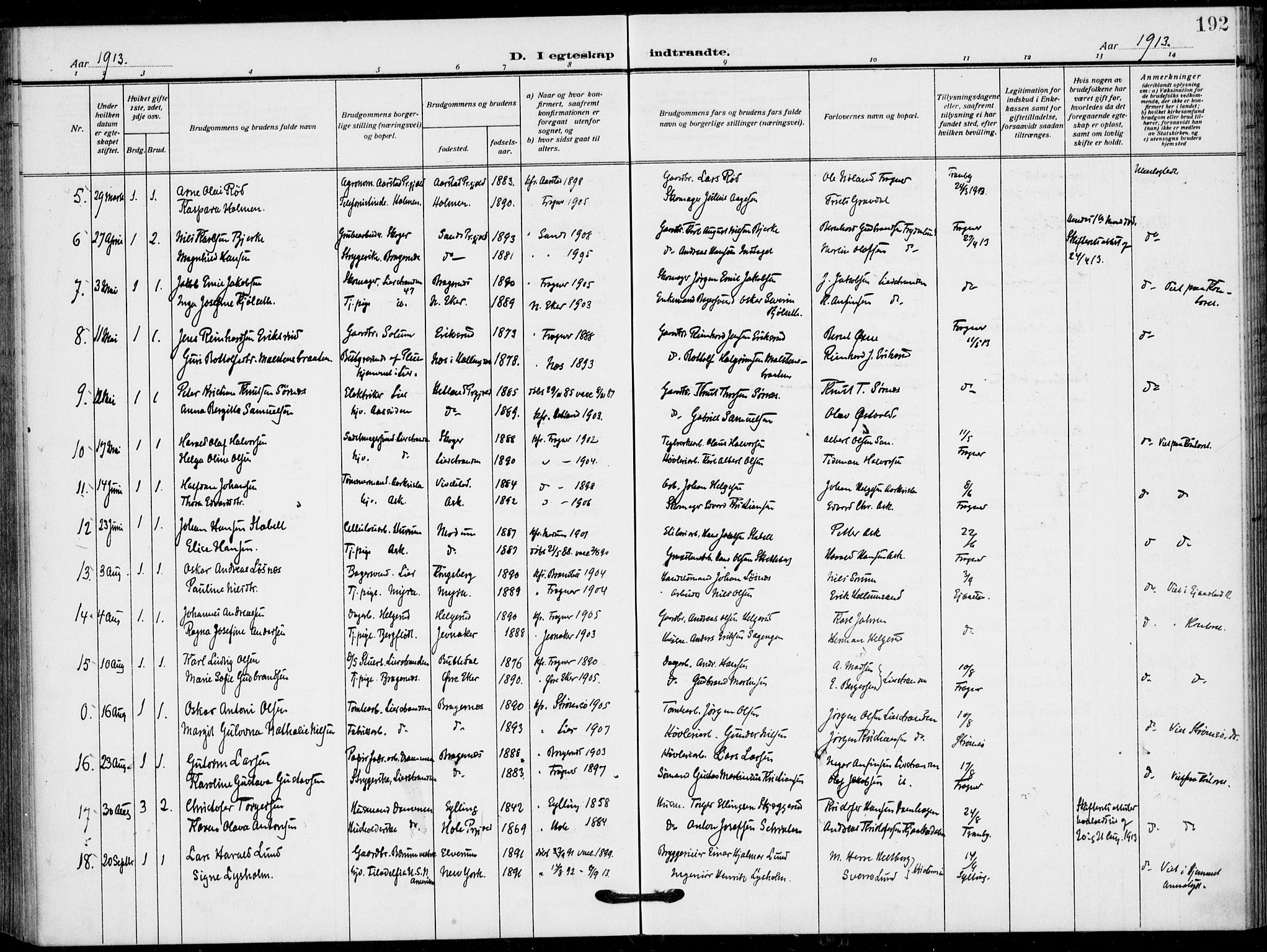 Lier kirkebøker, AV/SAKO-A-230/F/Fa/L0018: Parish register (official) no. I 18, 1909-1917, p. 192