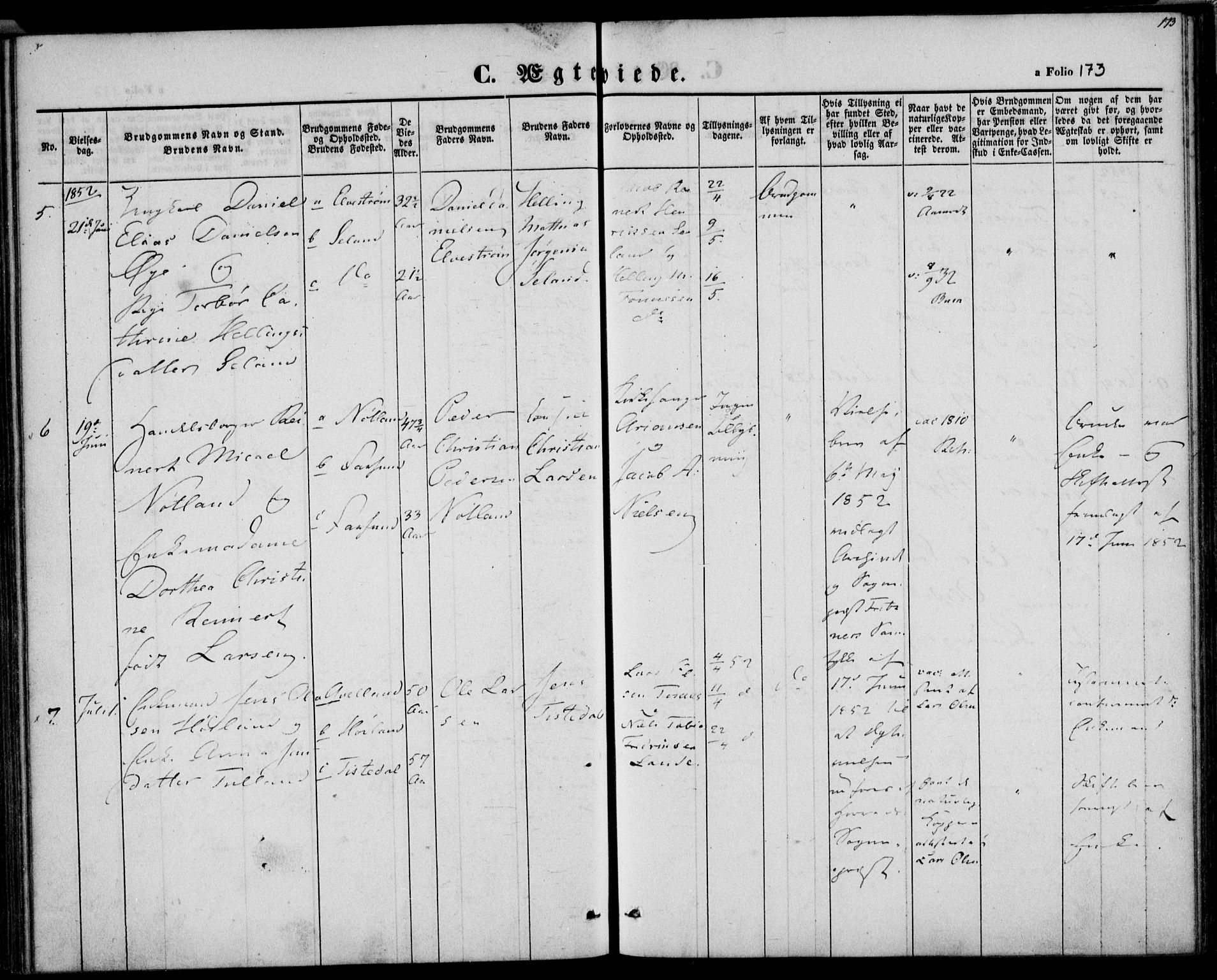 Herad sokneprestkontor, AV/SAK-1111-0018/F/Fa/Faa/L0004: Parish register (official) no. A 4, 1844-1853, p. 173