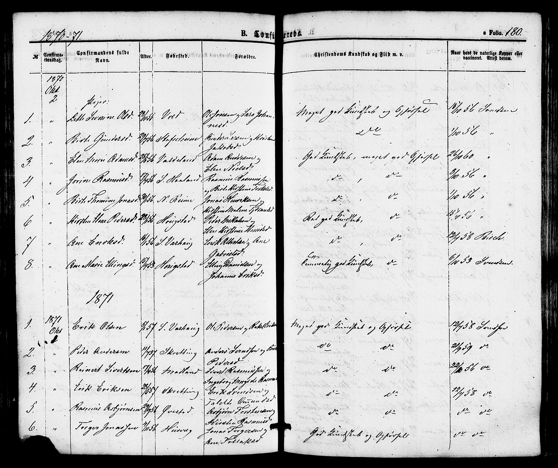 Hå sokneprestkontor, AV/SAST-A-101801/001/30BA/L0009: Parish register (official) no. A 8, 1855-1878, p. 180